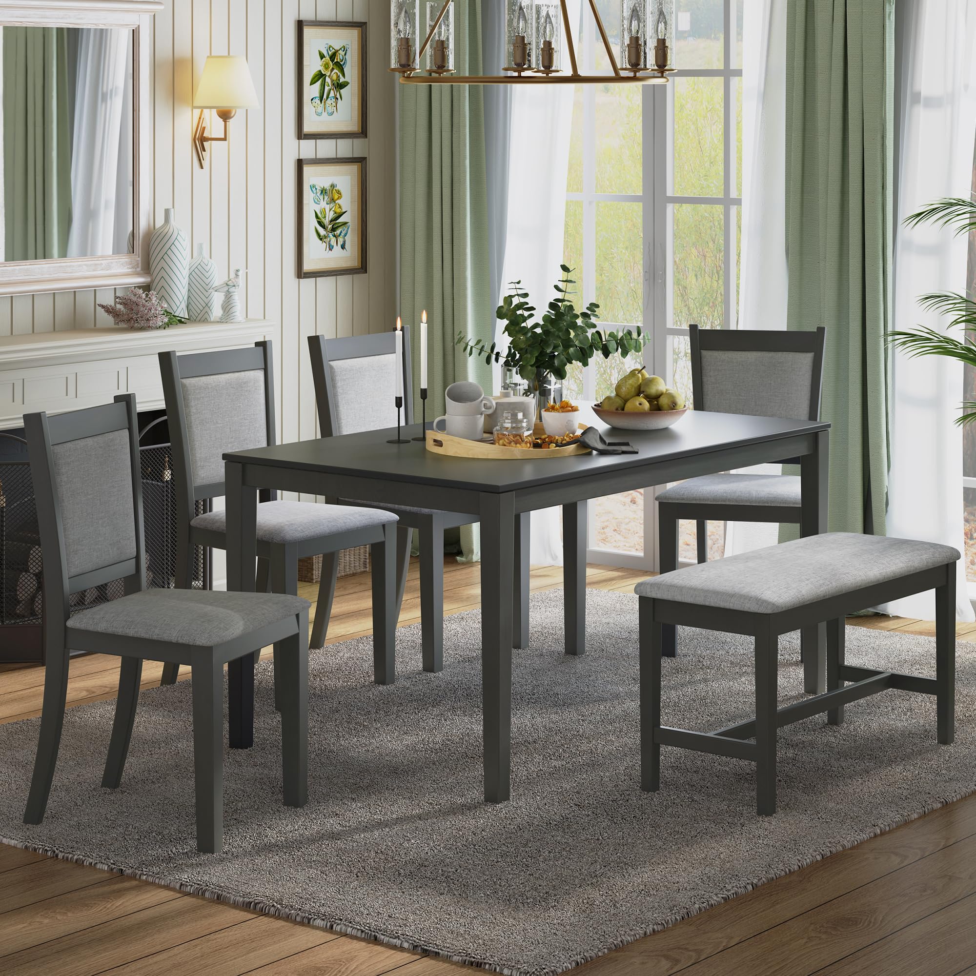 Rustic Solid Wood Dining Table Set for 6 with Rectangular Table, 4 Upholstered Chairs & Bench - Grey | Farmhouse Kitchen & Dining Room Furniture | Perfect for Family Gatherings & Dinner Parties