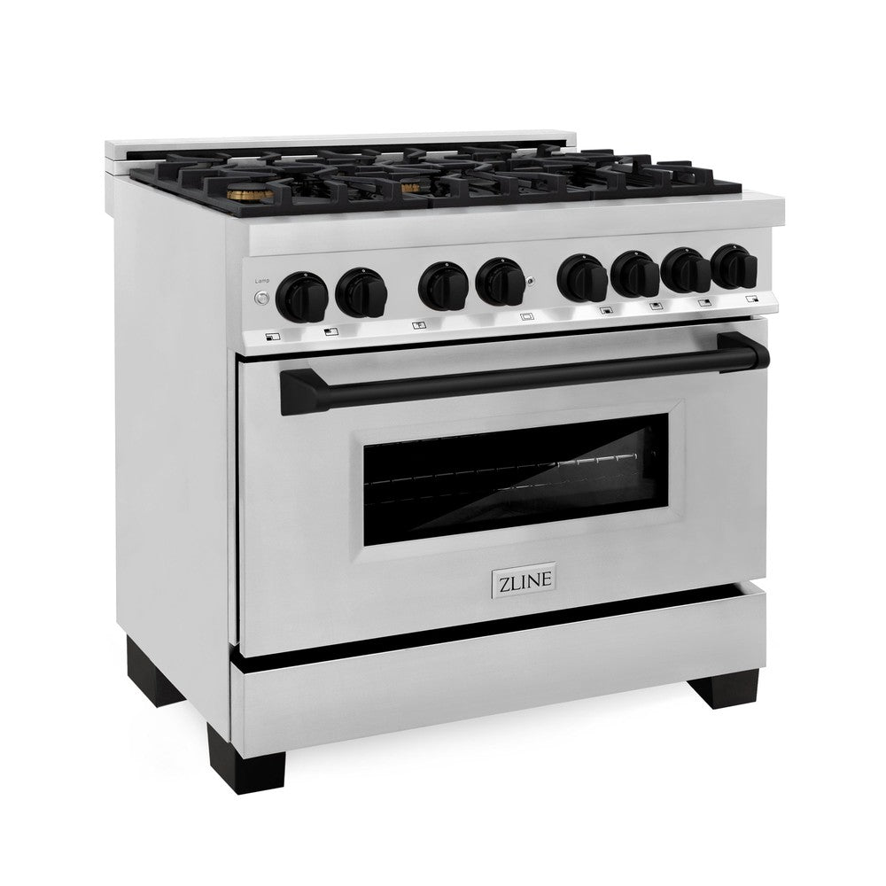 ZLINE Autograph Edition 36-inch Stainless Steel Kitchen Package - Dual Fuel Range, Range Hood, Dishwasher & Refrigerator with External Water Dispenser - Matte Black Accents (4AKPR RARHDWM36 MB) | Premium Kitchen Appliances for Modern Homes & Professional Chefs