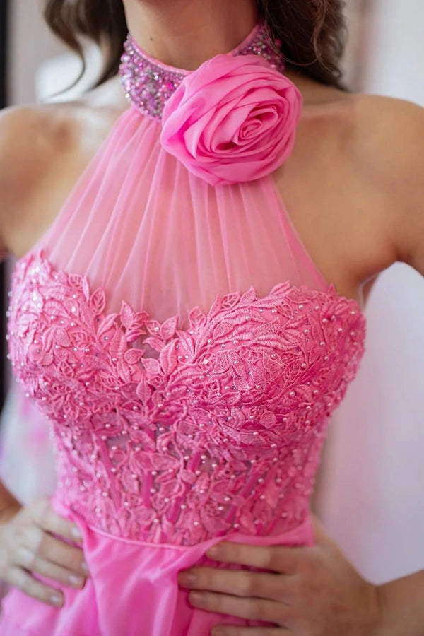 Elegant A-Line Halter Neck Floral Tiered Long Prom Dress in Hot Pink - TP1330 | Perfect for Homecoming, Prom Night, and Formal Events
