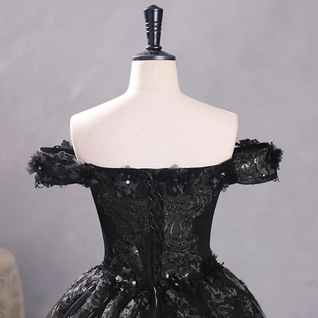 Elegant Gothic Lace Black Wedding Dress | Off-Shoulder Bridal Gown with Long Train & Tulle Skirt | Perfect for Gothic, Victorian, or Alternative Weddings
