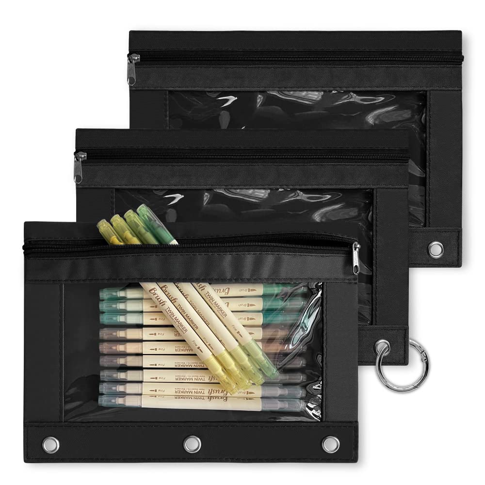 3-Pack Black Zipper Pencil Pouch with Clear Window for 3-Ring Binder - Large Capacity Multi-Color School Supplies Organizer - Perfect for Students, Office & Classroom Organization