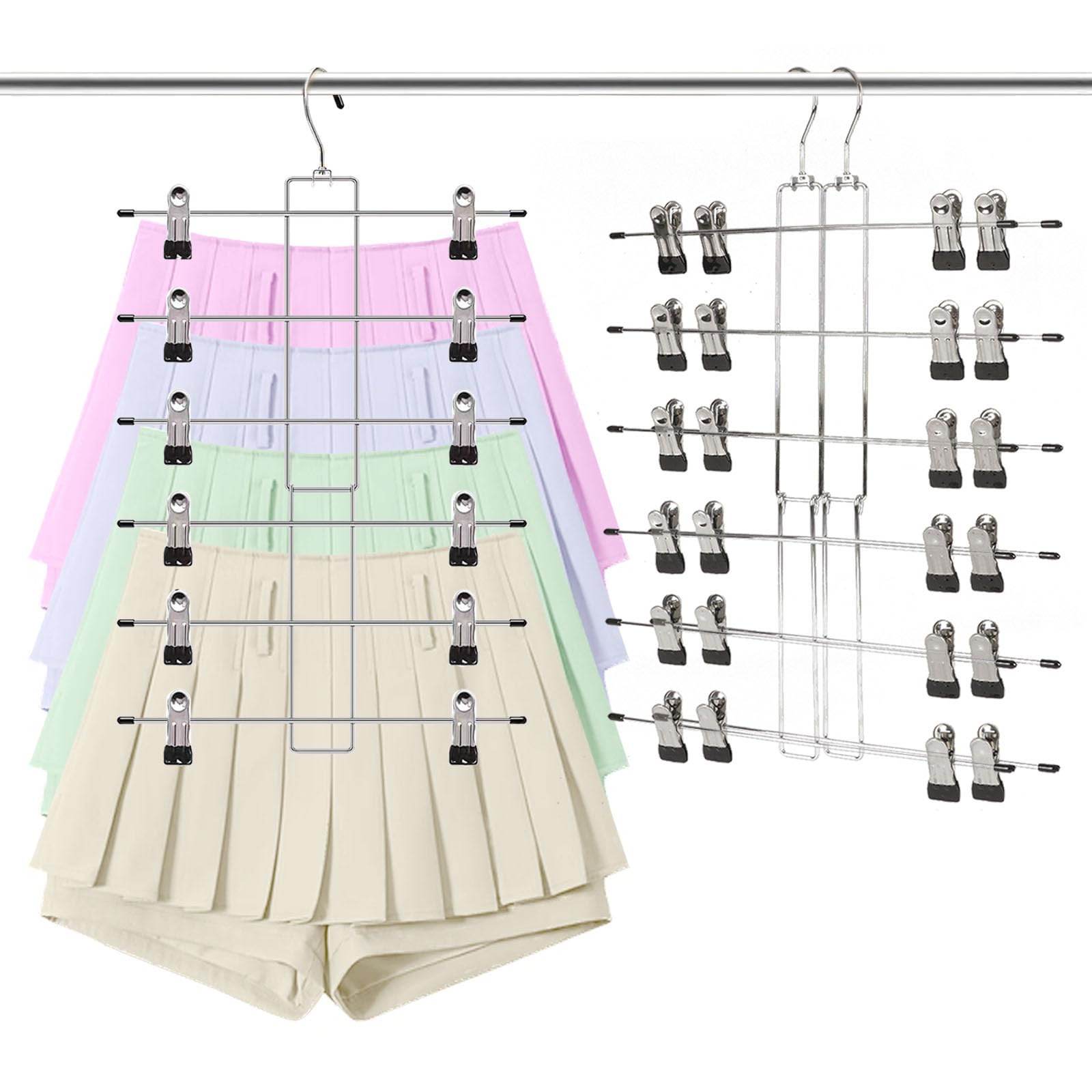 Hasakhi 3-Pack Space Saving 6-Tier Pants & Skirt Hangers with Non-Slip Clips - Stainless Steel Horizontal Closet Organizer for Leggings, Trousers & Clothes Storage - Perfect for Closet Organization & Small Space Wardrobe Solutions