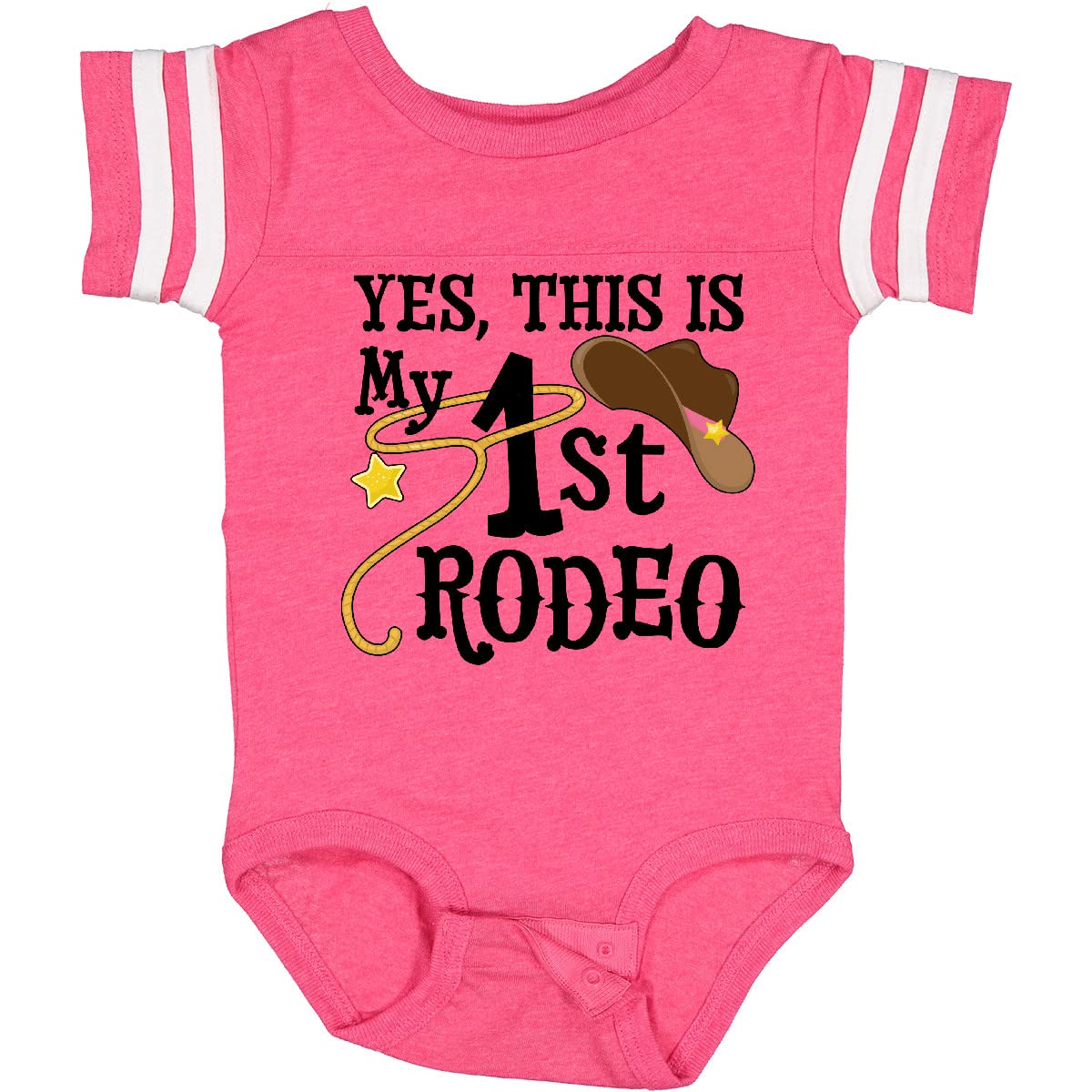 Inktastic 'Yes, This Is My 1st Rodeo' Cowboy Hat Baby Bodysuit with Pink Band - Cute Western Outfit for Rodeo Events, Cowboy Theme Parties & Photo Shoots