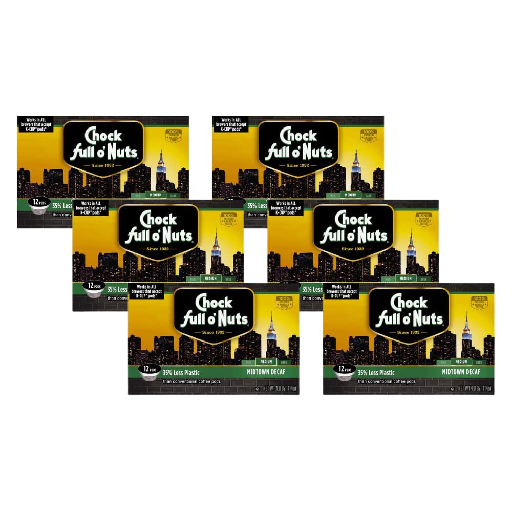 Chock Full o'Nuts Midtown Decaf Coffee Pods - 6 Single Serve Cups Case | Perfect for Office, Home & Travel Use