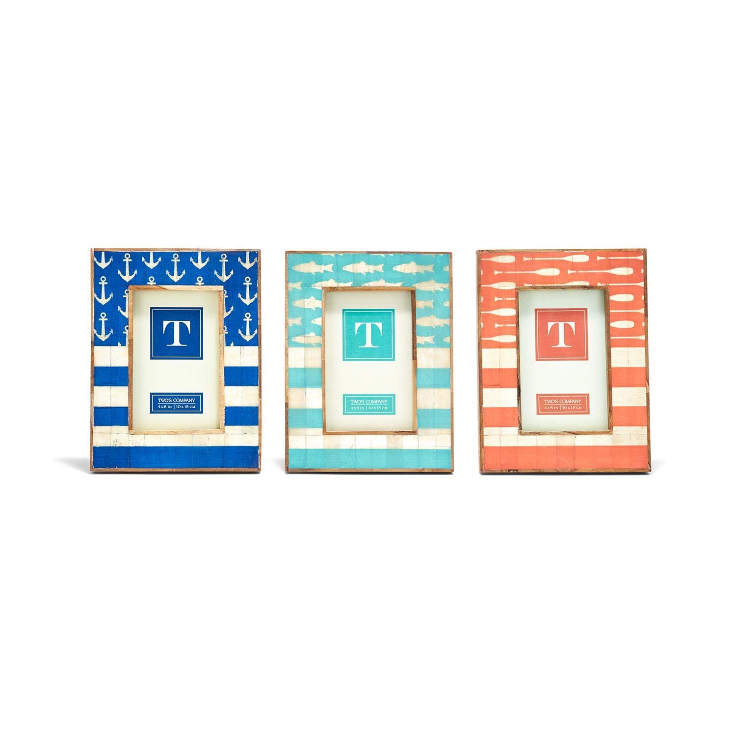 Two's Company Sitting by The Water Set of 3 4x6 Inch Bone Photo Frames - Mango Wood, Bone & Glass (Horizontal/Vertical Display) - Perfect for Home Decor, Office Desk & Gift Giving