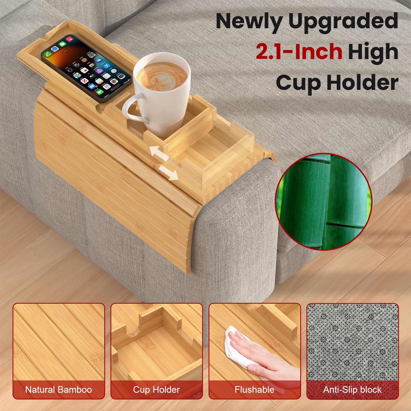 Bamboo Sofa Armrest Tray with Detachable Cup Holder - 2-in-1 Foldable Couch Table for Drinks, Snacks & Remote Control - Non-Slip Design for Living Room, Bedroom & Office Use