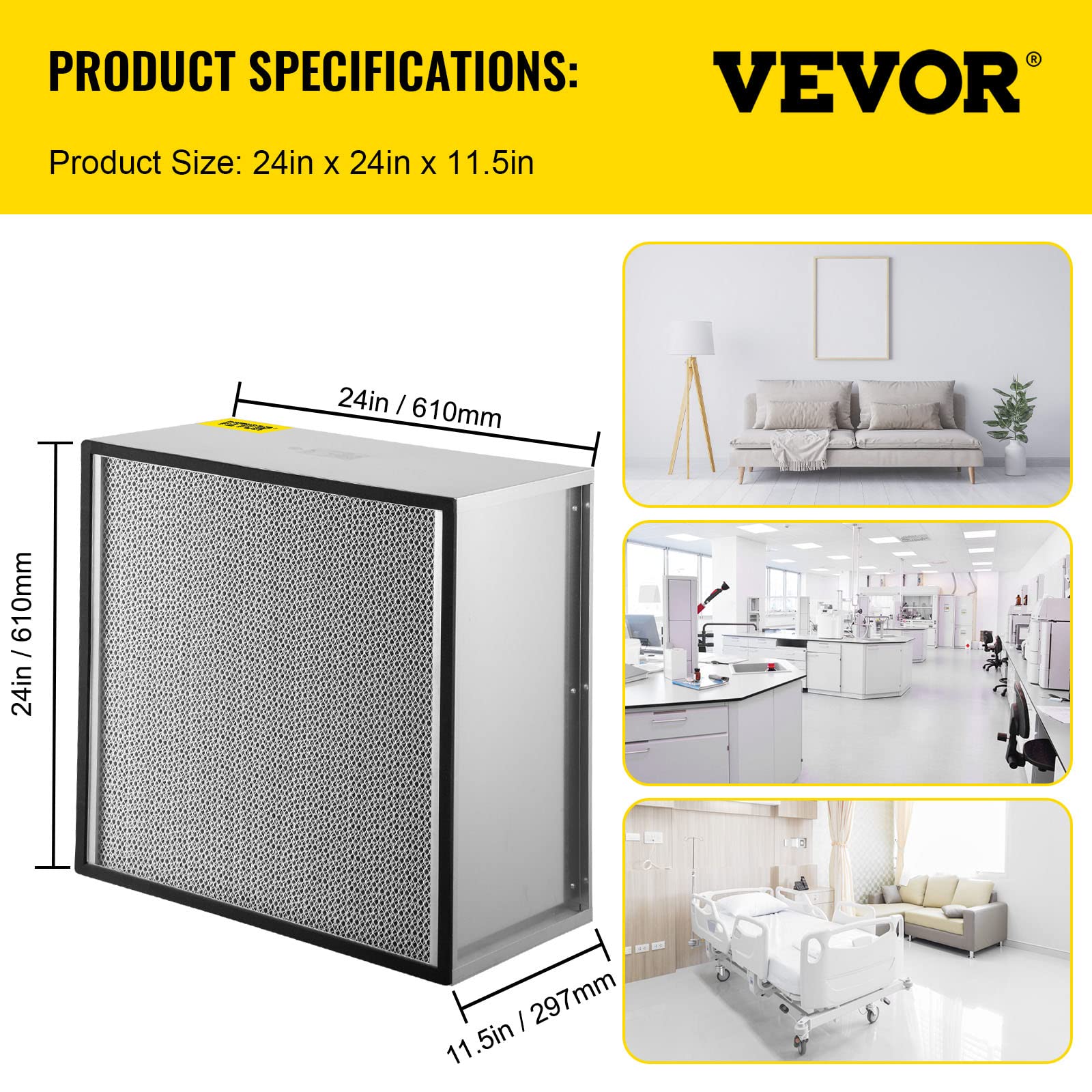VEVOR 24x24x11.5 Inch HEPA Air Filter Replacement - 99.97% Efficiency Pleated Air Scrubber with Galvanized Frame, Compatible with Novair 2000 - Perfect for Home, Office and Commercial Air Purification Systems