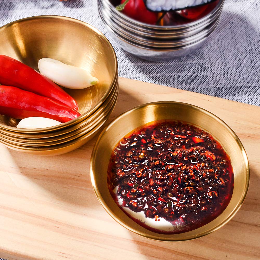 Premium Japanese Stainless Steel Soy Sauce Dishes Set of 6 - Round Sushi Dipping Bowls for Asian Cuisine, Mini Appetizer Plates & Ice Cream Serving - Elegant Gold Kitchenware for Restaurants, Sushi Bars & Home Dining