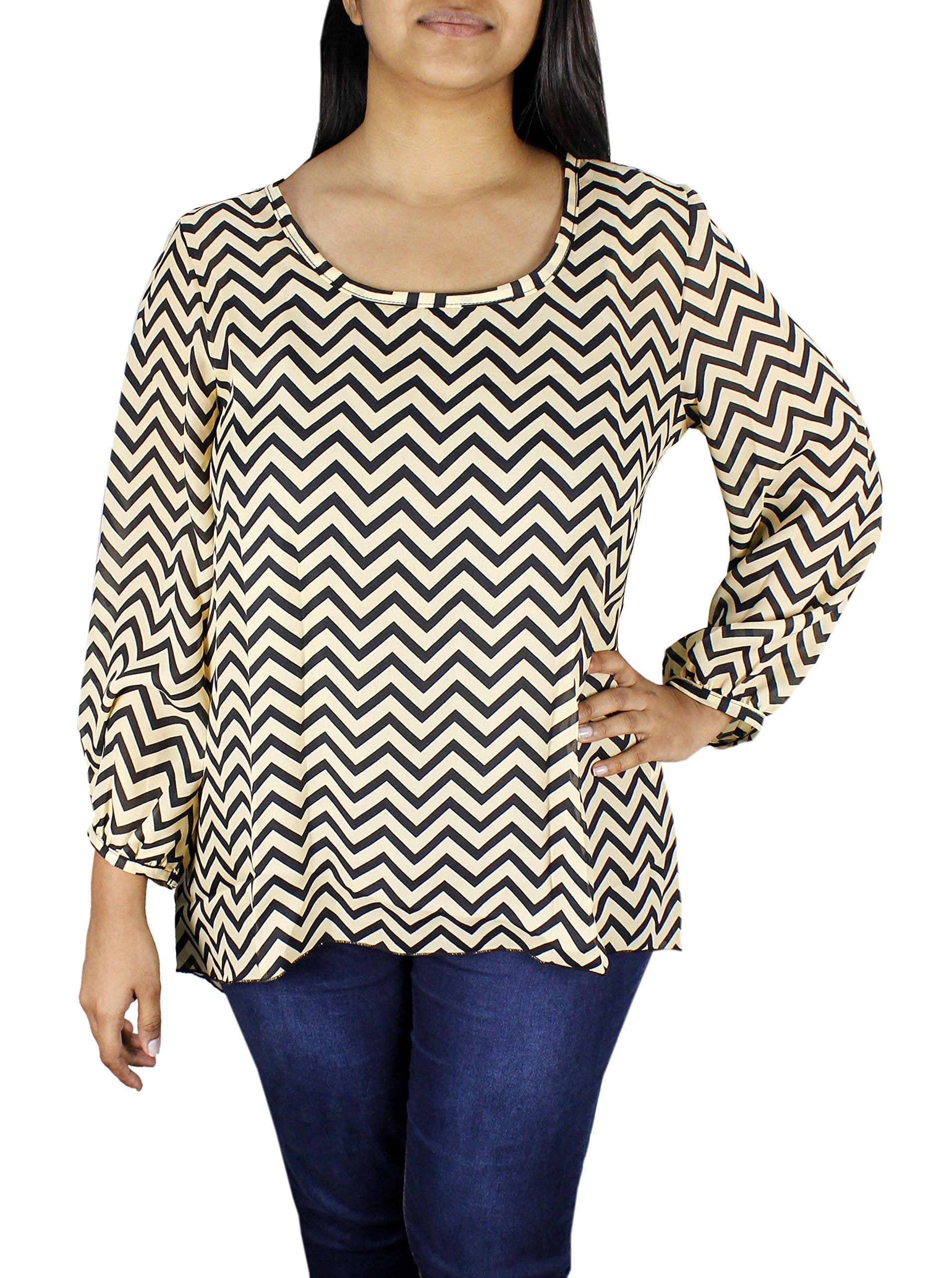 Stylish Women's Chevron Print Scoop Neck Long Sleeve Blouse - Perfect for Office Wear, Casual Outings & Date Nights