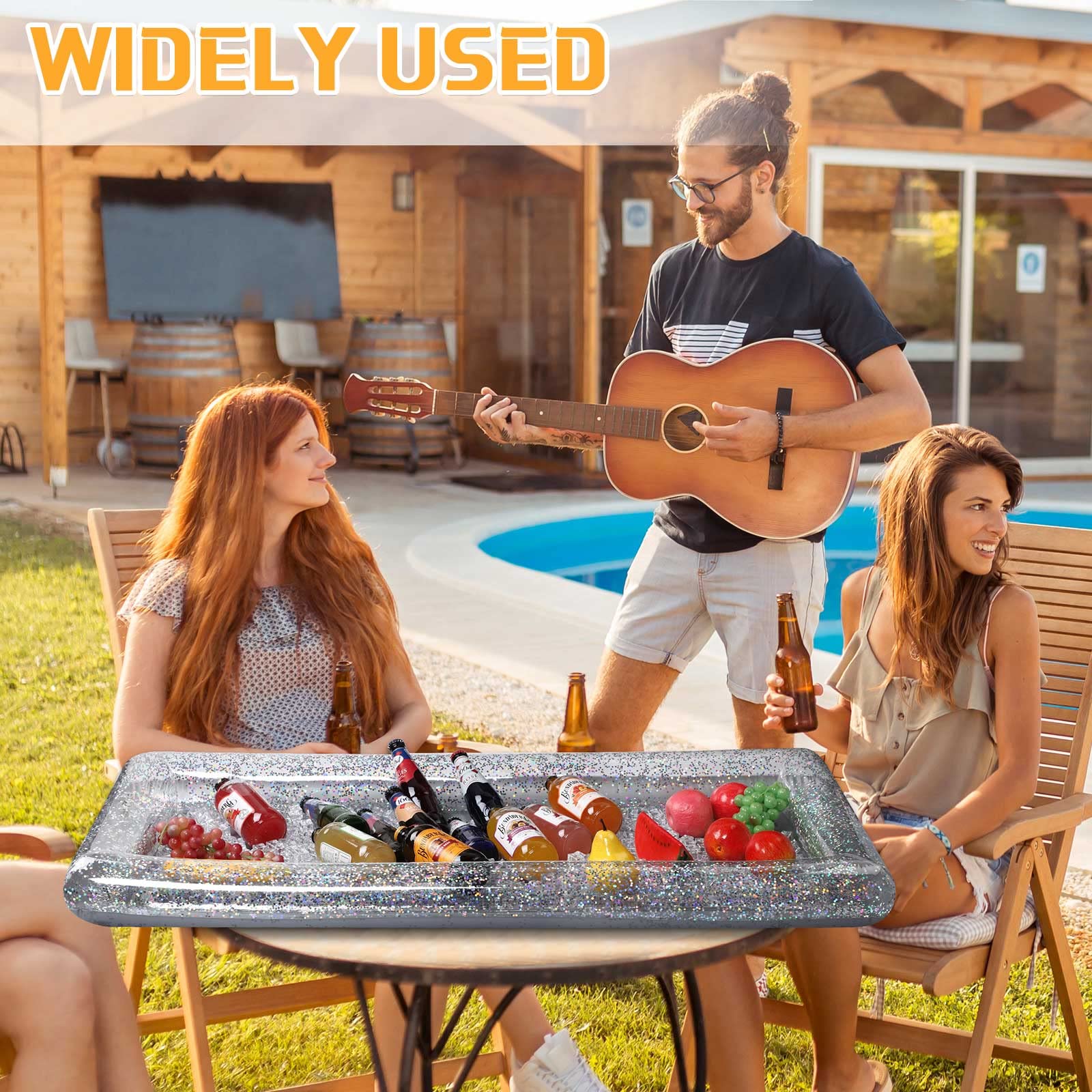 2-Pack Inflatable Serving Bar with Glitter Confetti & Drain Plug - Portable Ice Cooler for Food & Drinks - Perfect for Pool Parties, BBQs, Outdoor Events & Beach Gatherings (Silver)