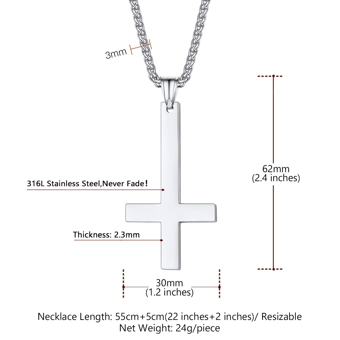 U7 Inverted Cross Necklace - Stainless Steel Upside Down Cross Pendant with Baphomet Goat Head Design for Men & Women | Gothic Jewelry for Alternative Fashion, Occult Style & Rocker Outfits