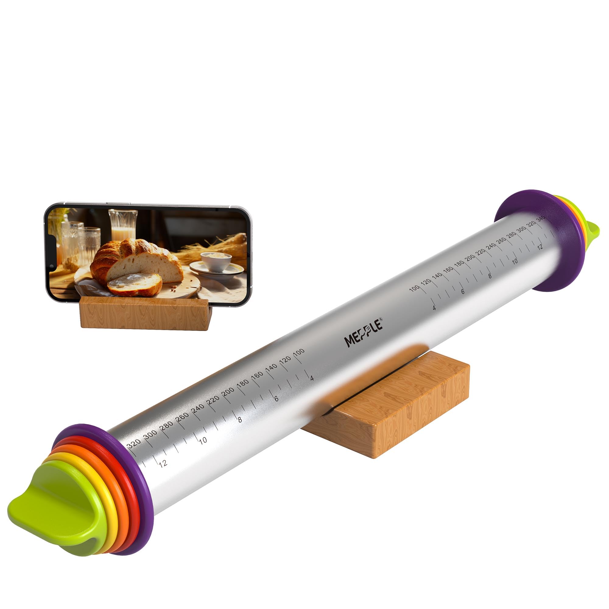 Premium Stainless Steel Rolling Pin with 4 Thickness Rings - Perfect for Fondant, Pizza Dough, Cookies, Pastry & Pie Crust - 13.6