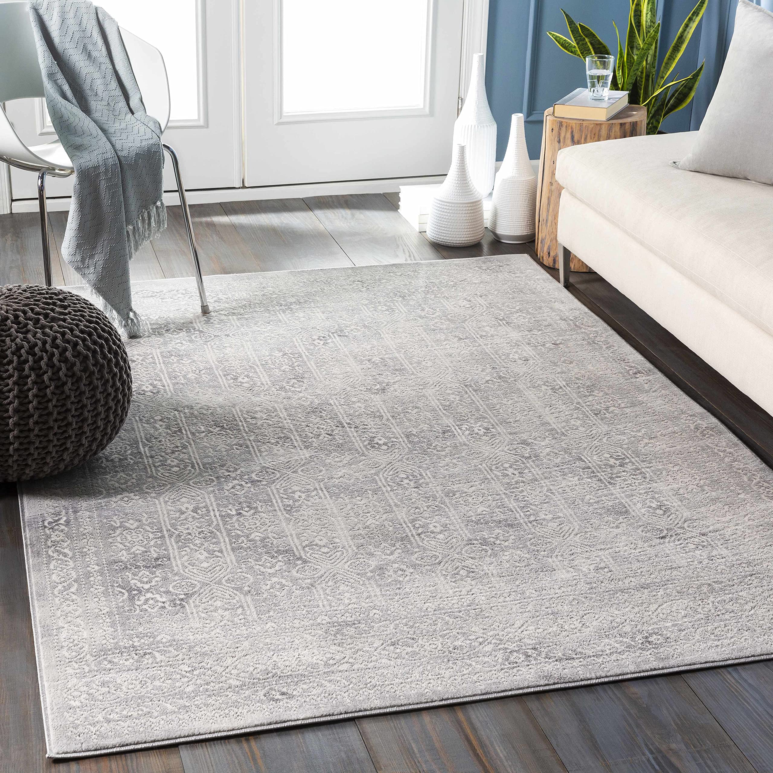 Modern Minimalist Bohemian Distressed Area Rug - Neutral Beige, Light Grey & Gray - 7'10