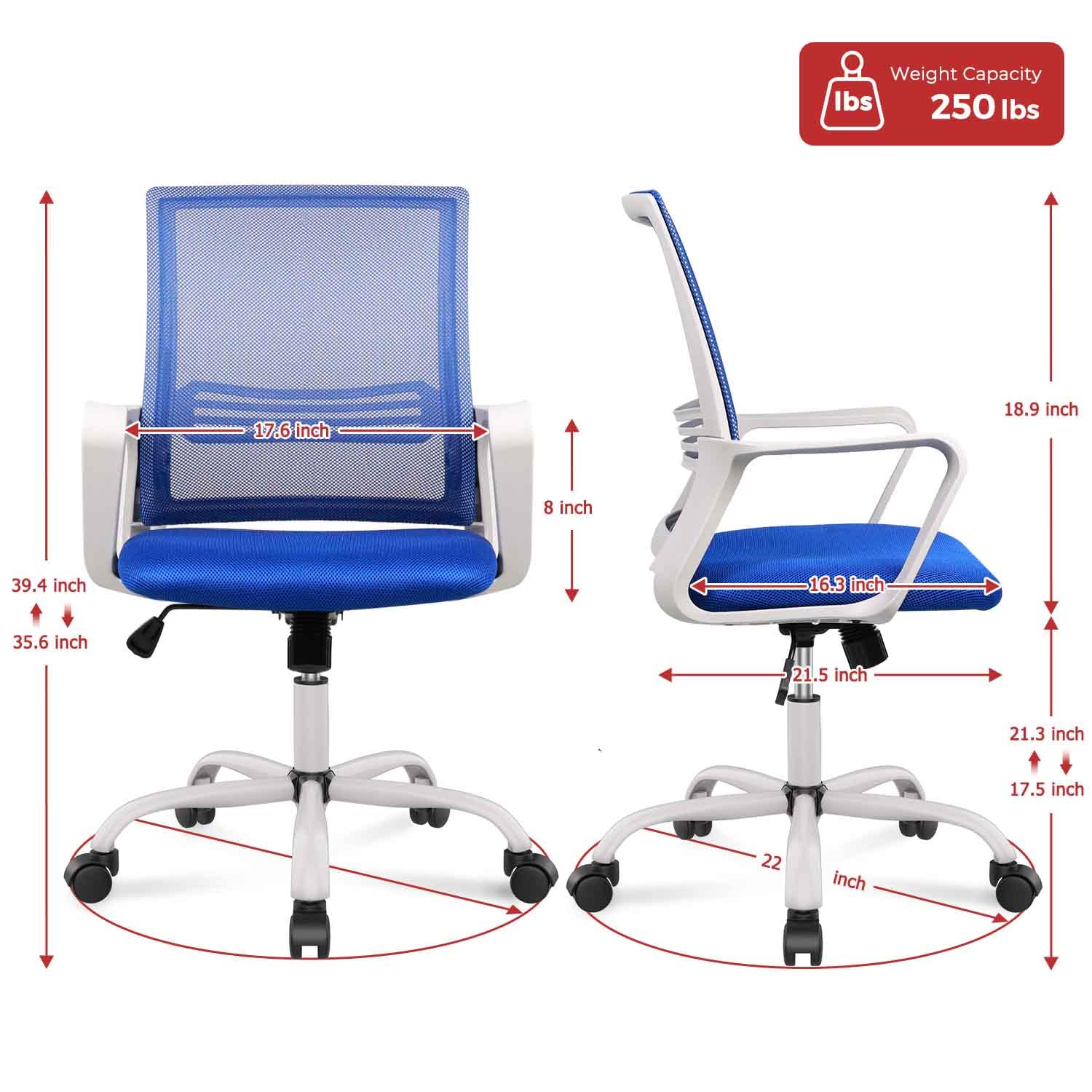 Ergonomic Office Chair with Wheels & Armrests - Adjustable Mid Back Mesh Computer Desk Chair for Home & Office - Perfect for Long Work Hours, Gaming, and Remote Work