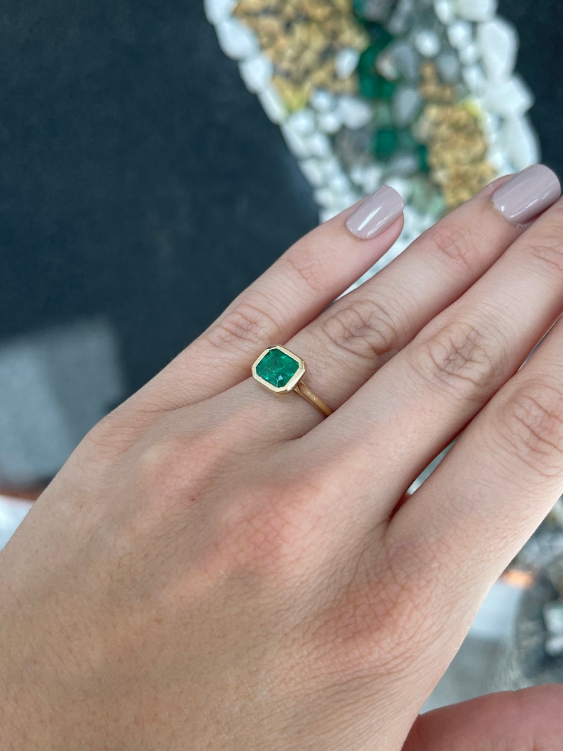 2.20ct 14K Gold Natural East-West Emerald Cut Solitaire Bezel Ring for Women - Elegant Engagement, Wedding, Anniversary Jewelry Gift