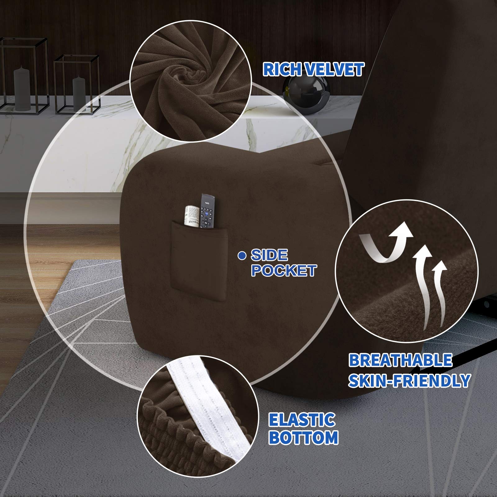 MAXIJIN 8-Piece Stretch Velvet Recliner Sofa Covers Set - Soft Washable Slipcovers for 3-Cushion Reclining Couches (Dark Coffee) - Perfect for Living Room, Home Theater & Family Room Furniture Protection