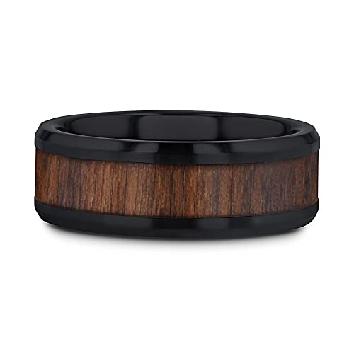 Yukon Black Ceramic Wedding Ring Band with Walnut Wood Inlay & Polished Beveled Edges - 4mm to 12mm Width - Durable & Comfortable for Men & Women - Perfect for Weddings, Anniversaries, and Everyday Wear