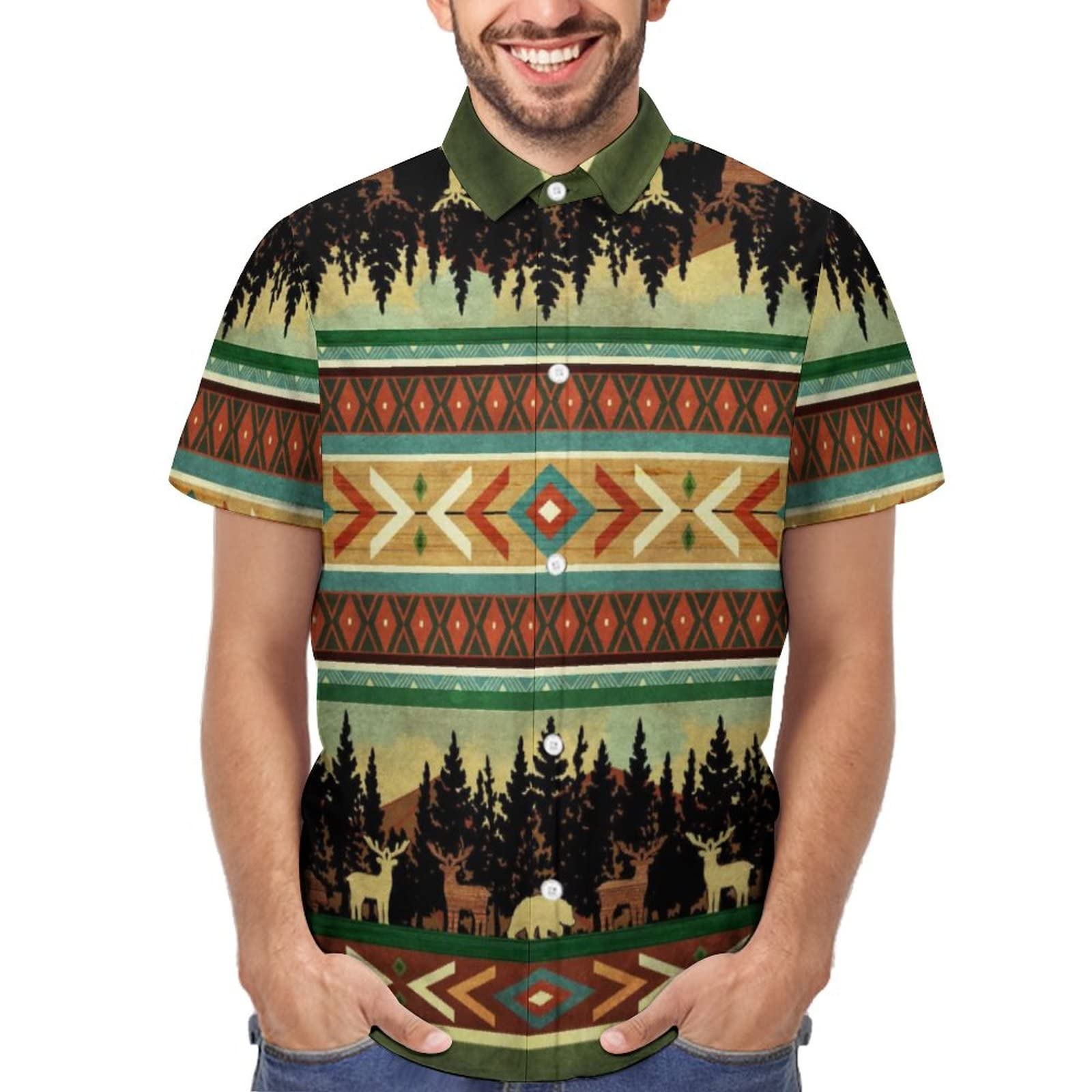 BONLOR Men's Hawaiian Shirt Vintage Deer Print Short Sleeve Button Down Shirt - Tropical Casual Beach Shirt for Summer Vacation, Luau Party & Outdoor Events