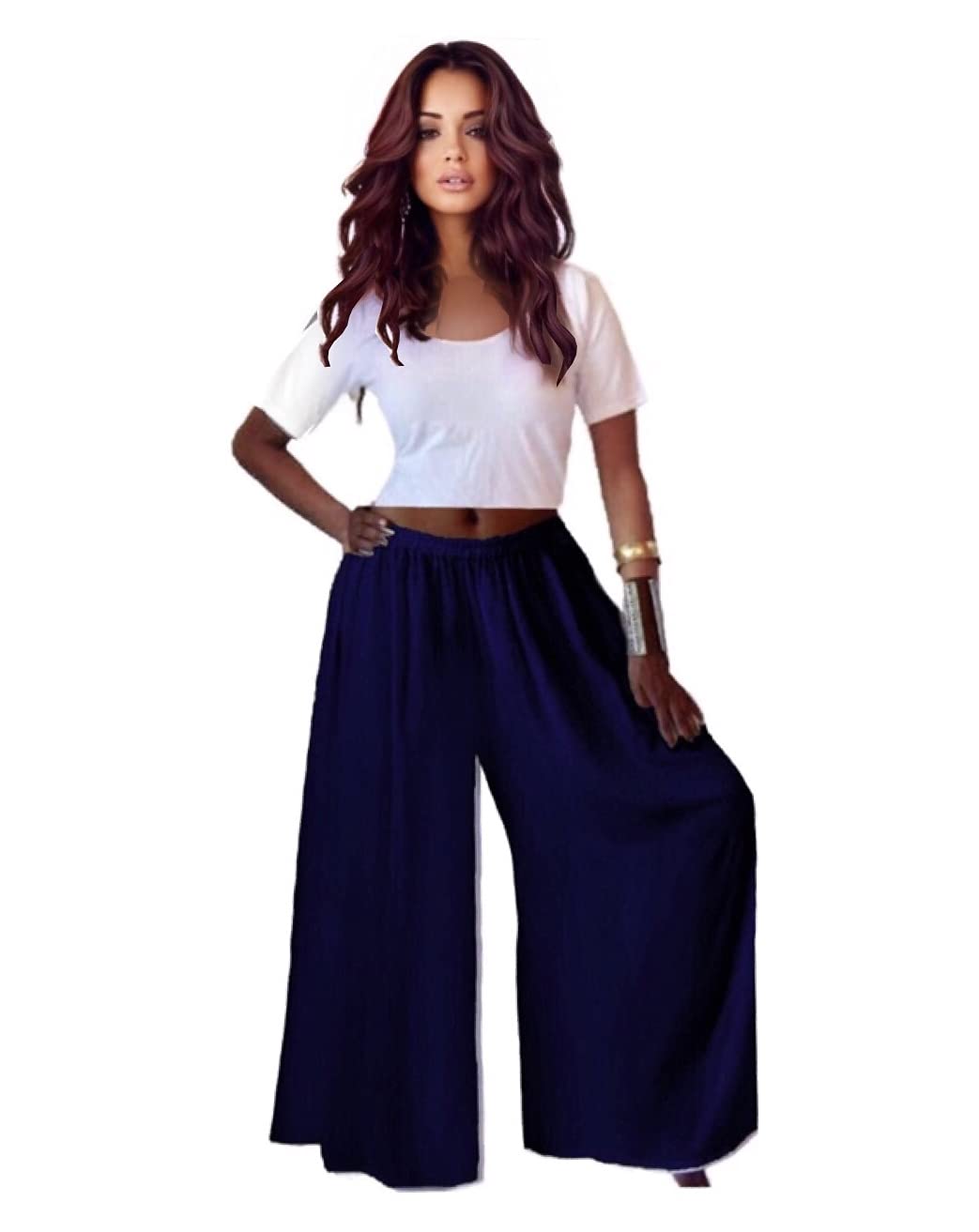 LOTUSTRADERS Women's Boho Chic Palazzo Pants - Elastic Waist Flowy Wide Leg Trousers in Navy Blue (One Size) | Perfect for Casual Outings, Beach Vacations & Summer Fashion