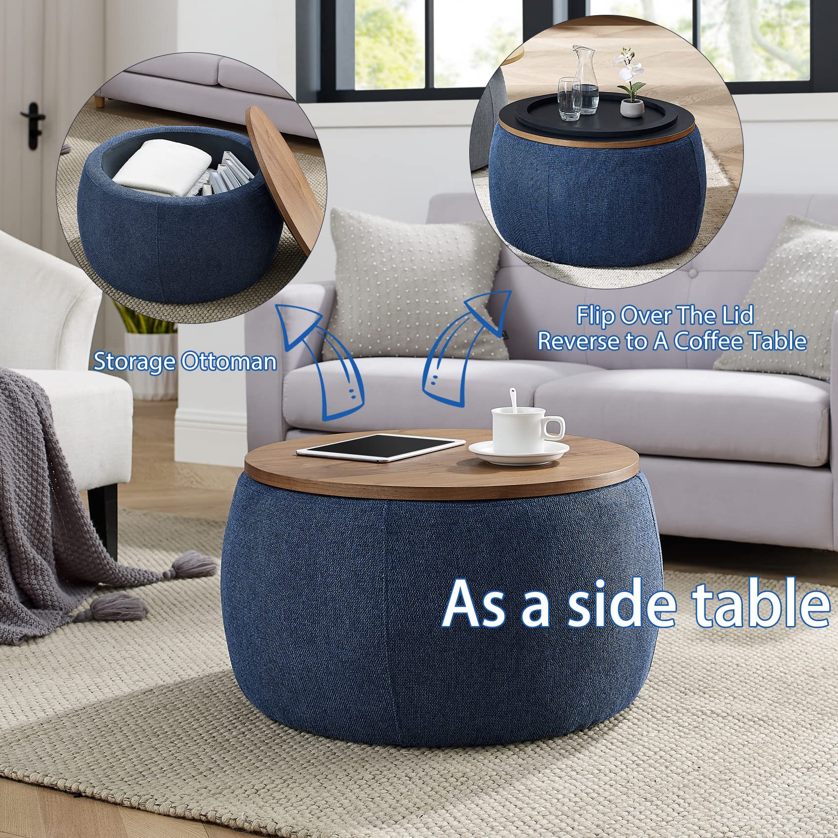 Round Storage Ottoman Coffee Table with Lift Top - Navy Blue Footstool, Side Table & End Table for Living Room, Bedroom & Dorm - Perfect for Extra Seating & Hidden Storage