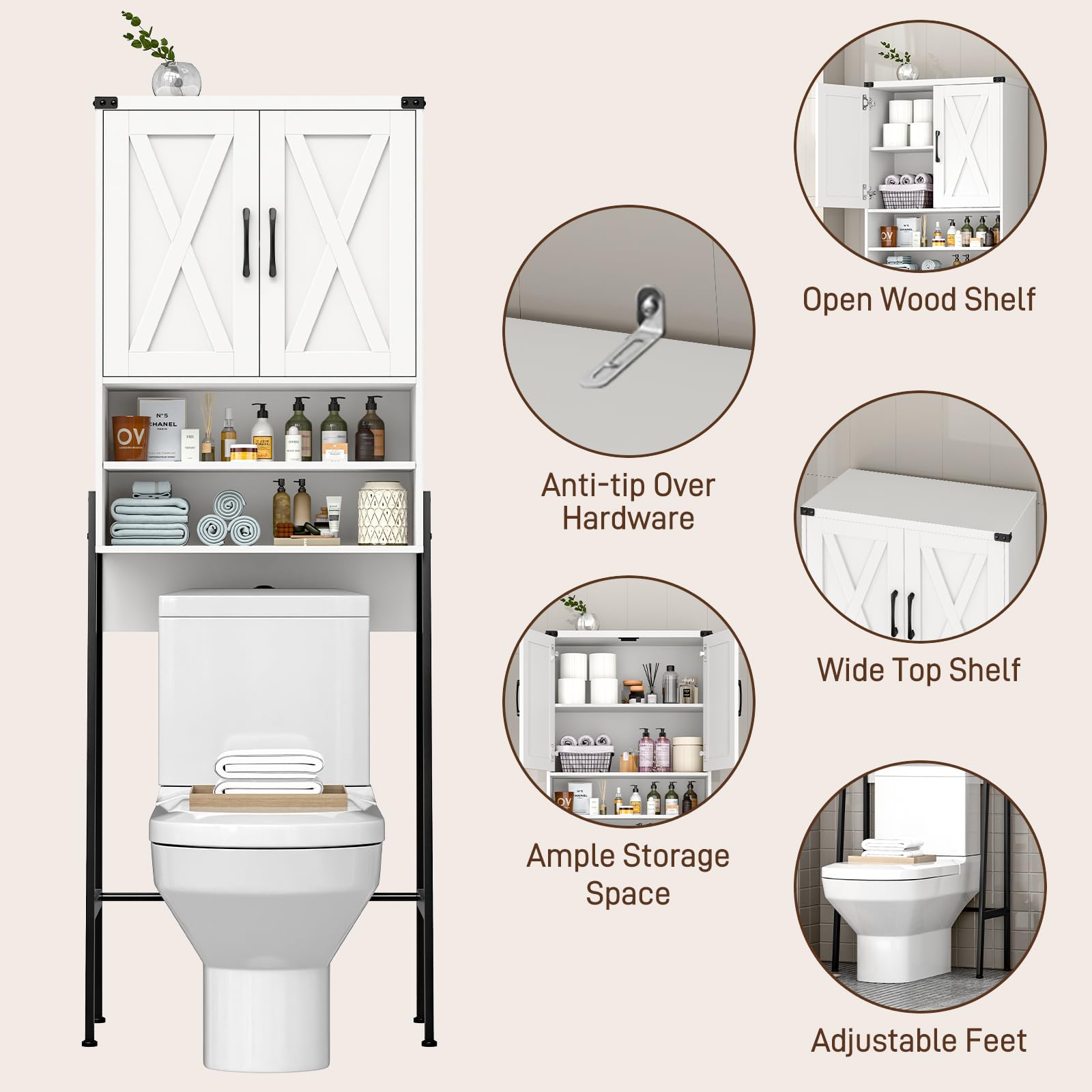 Farmhouse Over The Toilet Storage Cabinet with 2 Barn Doors - Space-Saving Metal Frame Bathroom Organizer for Toiletries, Towels & Laundry Supplies - Perfect for Small Bathrooms, Powder Rooms & Laundry Areas