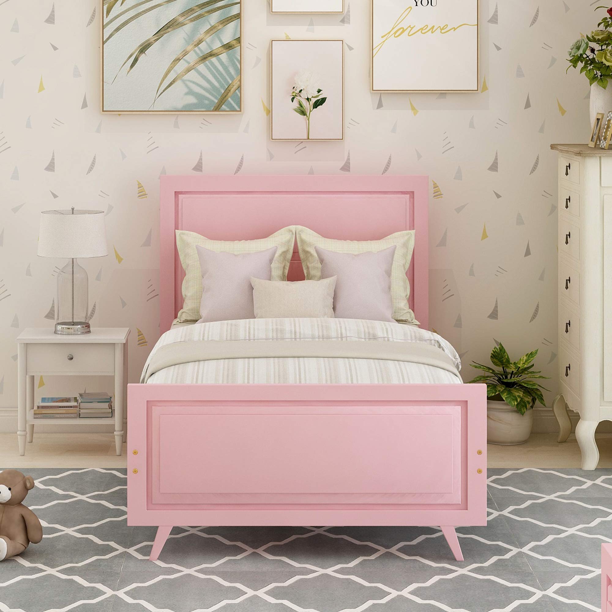 Pink Wood Platform Bed Frame with Headboard & Slat Support - Twin Size Mattress Foundation for Kids & Teens Bedroom, Dorm Room, or Guest Room