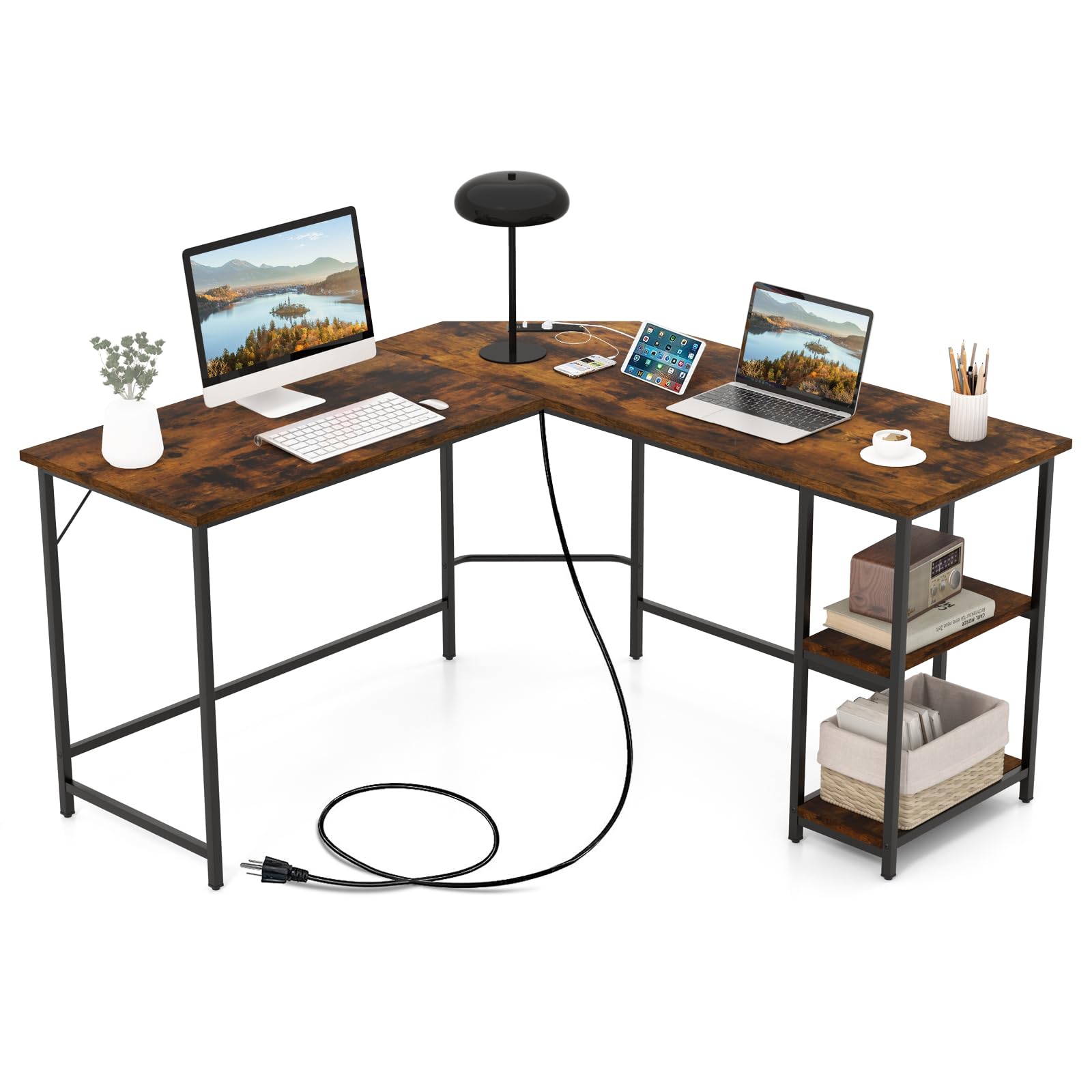 Tangkula L-Shaped Computer Desk with 2 Outlets & 2 USB Ports - Corner Home Office Desk, Study Writing Desk with Carbon Steel Frame, 2-Tier Shelf & Removable Shelf - Rustic Brown - Perfect for Small Spaces, Gaming Setup & Remote Work