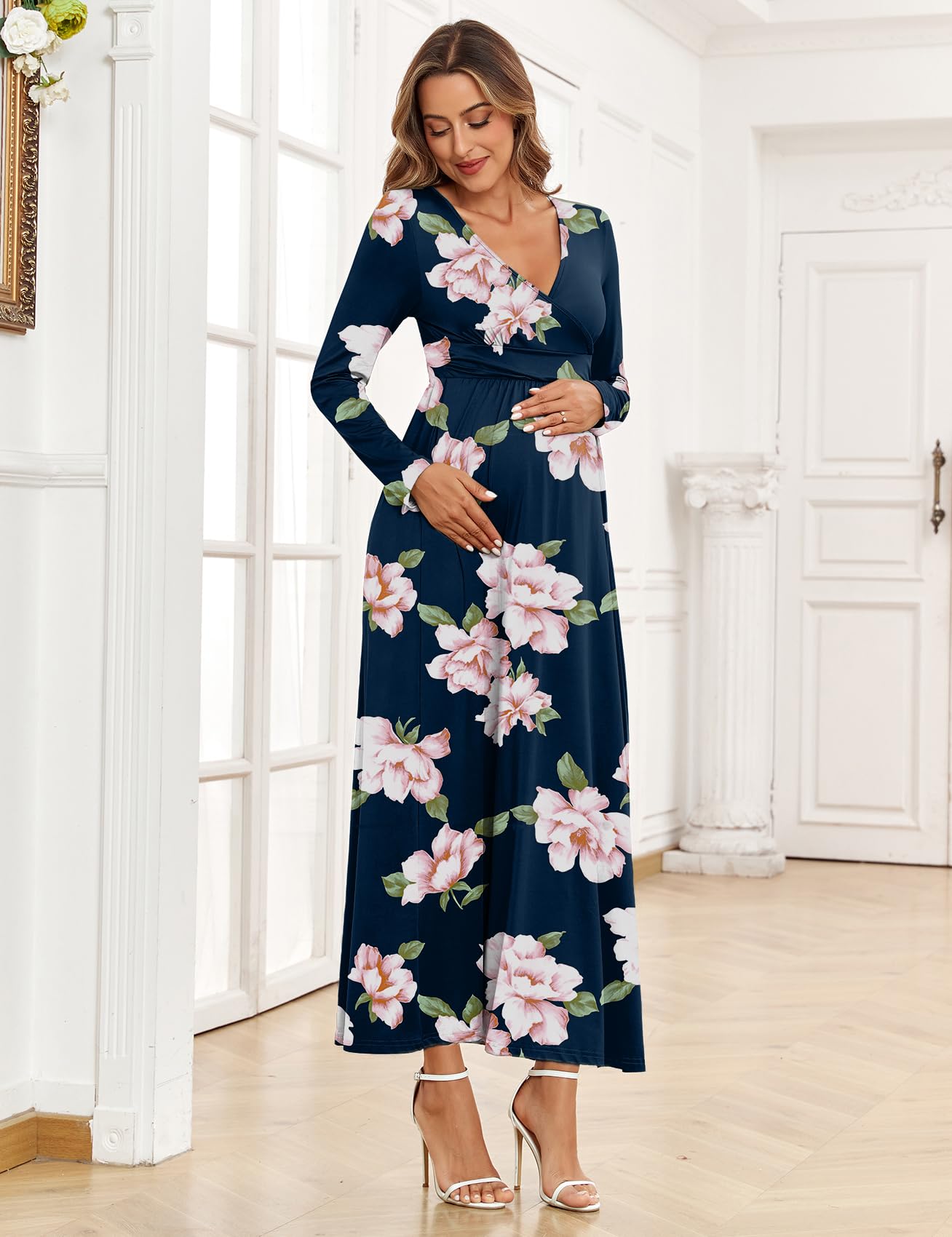 2025 Women's Maternity Maxi Dress - Long Sleeve Wrap V-Neck Pregnancy Dress with Pockets for Baby Shower, Photoshoot & Formal Occasions | Comfortable & Stylish Maternity Wear for Expecting Moms