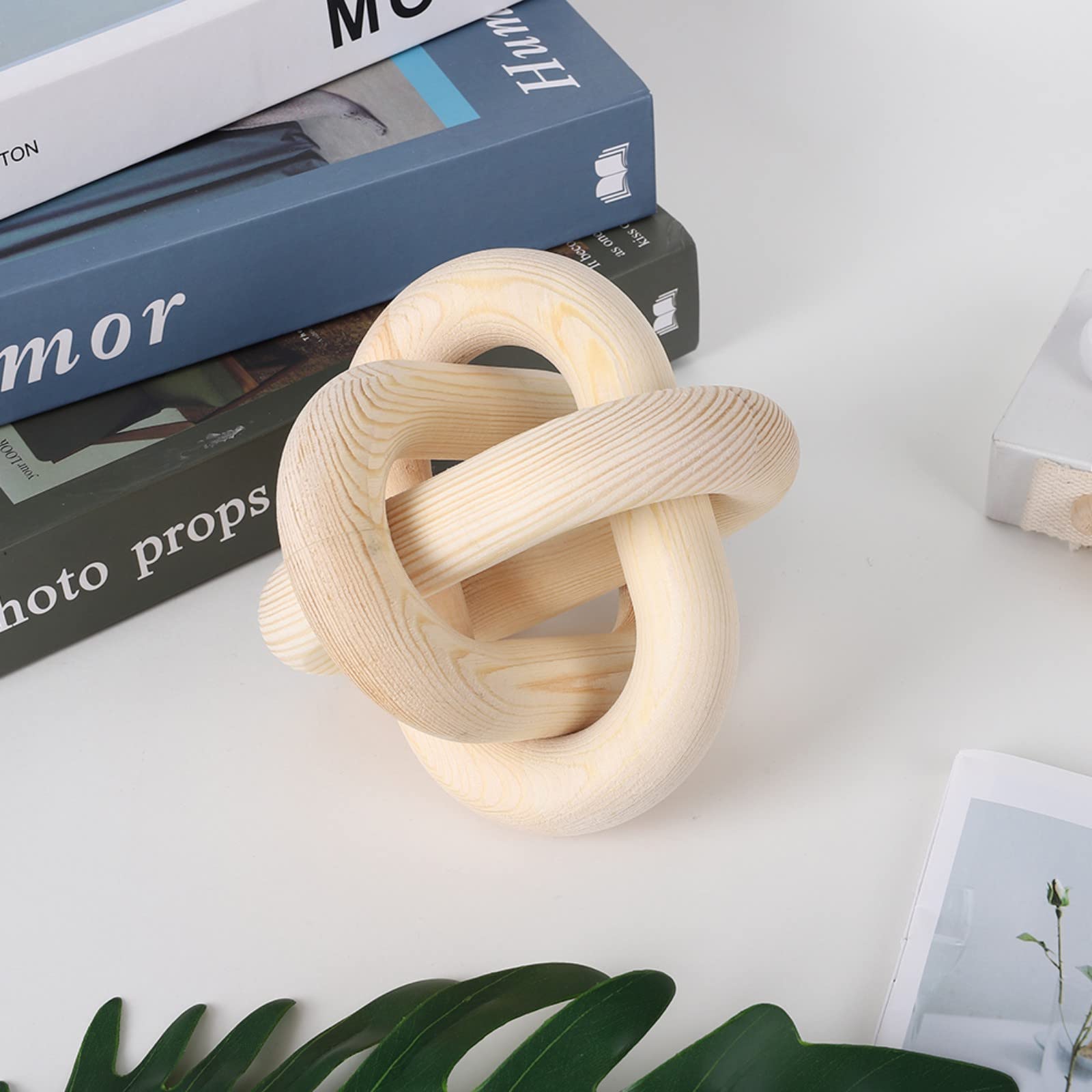 Hand Carved Wood Chain Link Decor - 3-Link Wood Knot Decorative Object, Boho Wood Bead Garland for Modern Farmhouse & Country Living Room, Bedroom, Entryway Shelf - Perfect for Coffee Table, Wall Hanging, and Wedding Decor