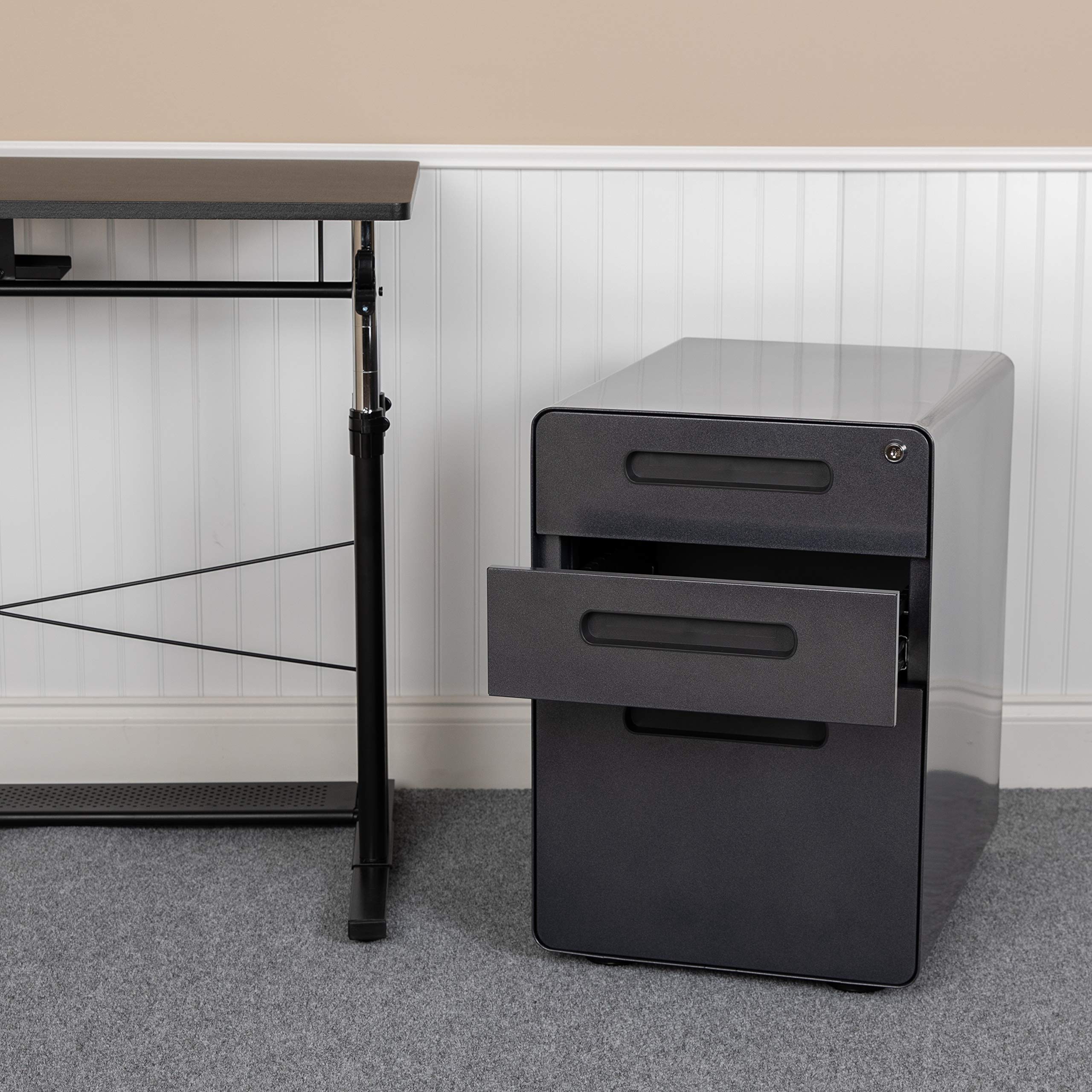 EMMA + OLIVER 3-Drawer Mobile Locking File Cabinet - Black Ergonomic Storage Organizer for Office, Home & School - Secure Document Filing System with Wheels for Easy Mobility