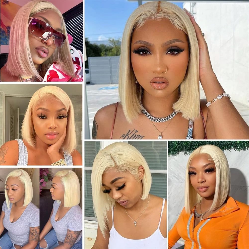 613 Blonde Bob Wig Human Hair 13x4 HD Lace Front Wig 200% Density - Pre Plucked with Baby Hair, Glueless Short Straight Bob Wigs for Women (12 Inch) - Perfect for Cosplay, Daily Wear & Special Occasions