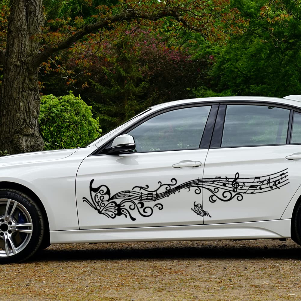 SEADEAR 3Pcs Car Body Side Door Stickers - Butterfly & Musical Notes Vinyl Decals for Car Hood, Door & Side Skirt - White Automotive Decorative Stickers - Perfect for Customizing Sedans, SUVs & Trucks
