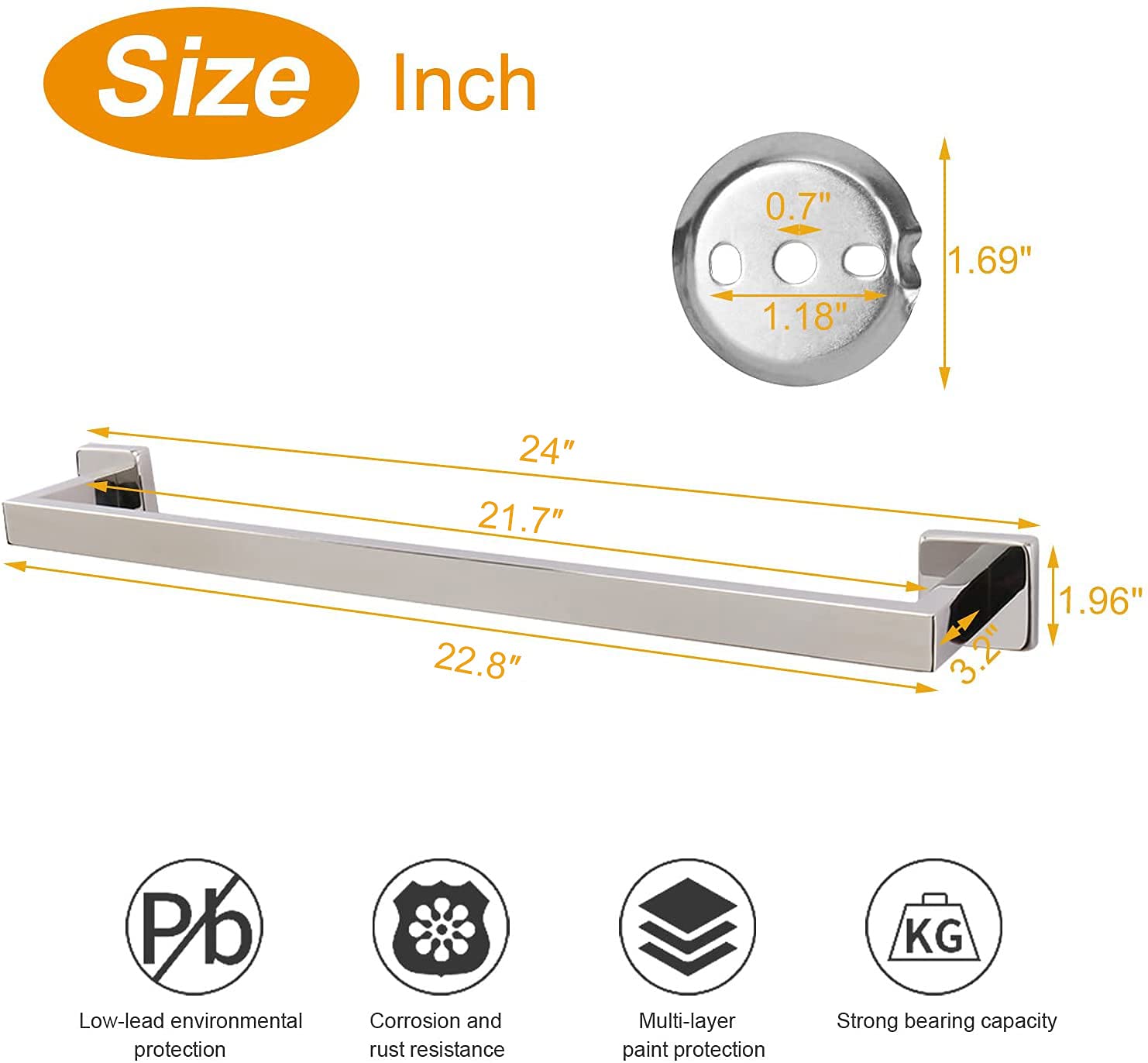 TocTen Stainless Steel Towel Rack - 24 Inch Heavy Duty Wall Mounted Bathroom Towel Holder with Square Base, SUS304 Chrome Finish for Shower & Spa - Perfect for Bathrooms, Guest Rooms, and Luxury Hotels