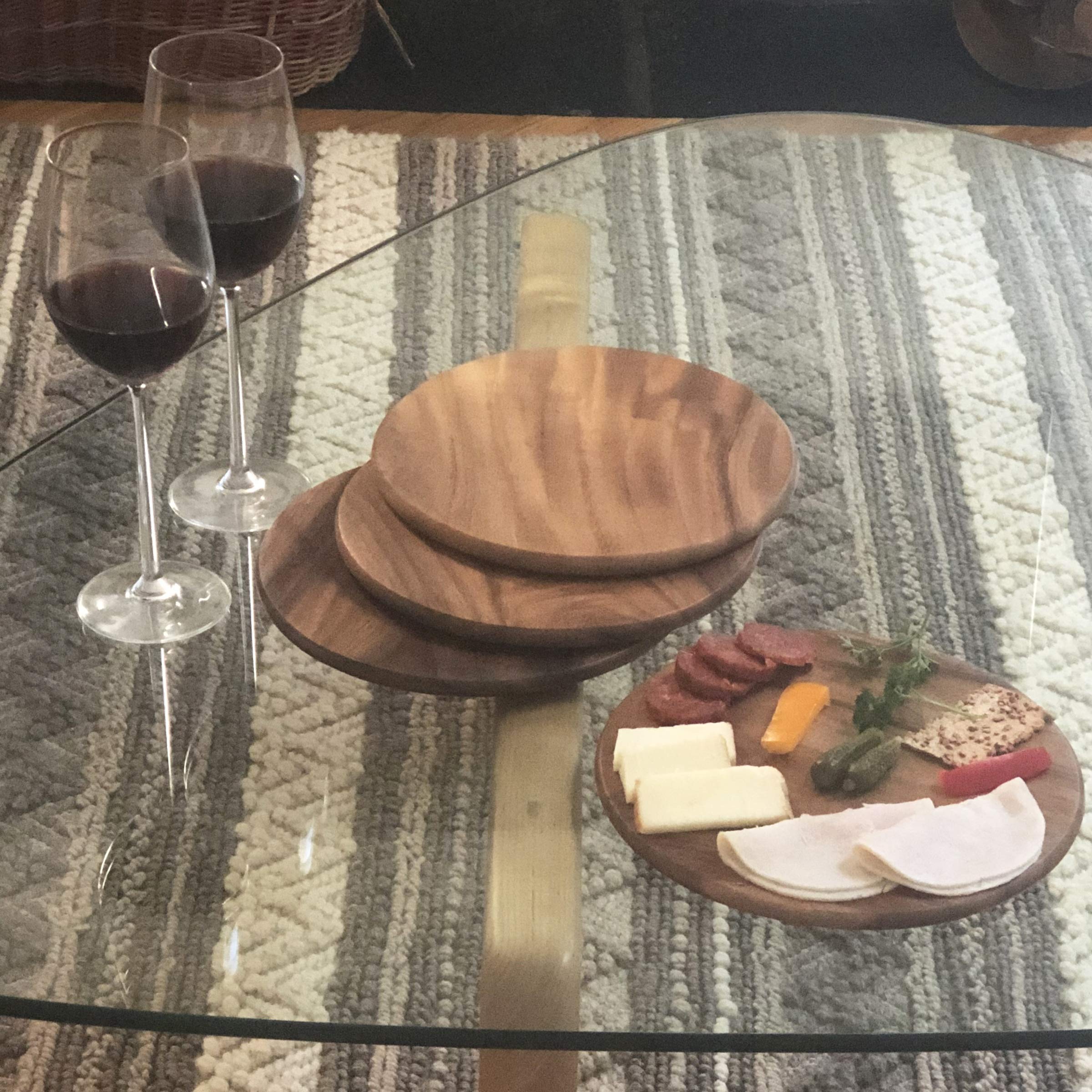 Woodard & Charles Acacia Wood Serving Plates Set of 4 - 9 Inch Round Charcuterie Boards for Sushi, Dessert, Bread & Cheese | Perfect for Dinner Parties, Picnics & Entertaining