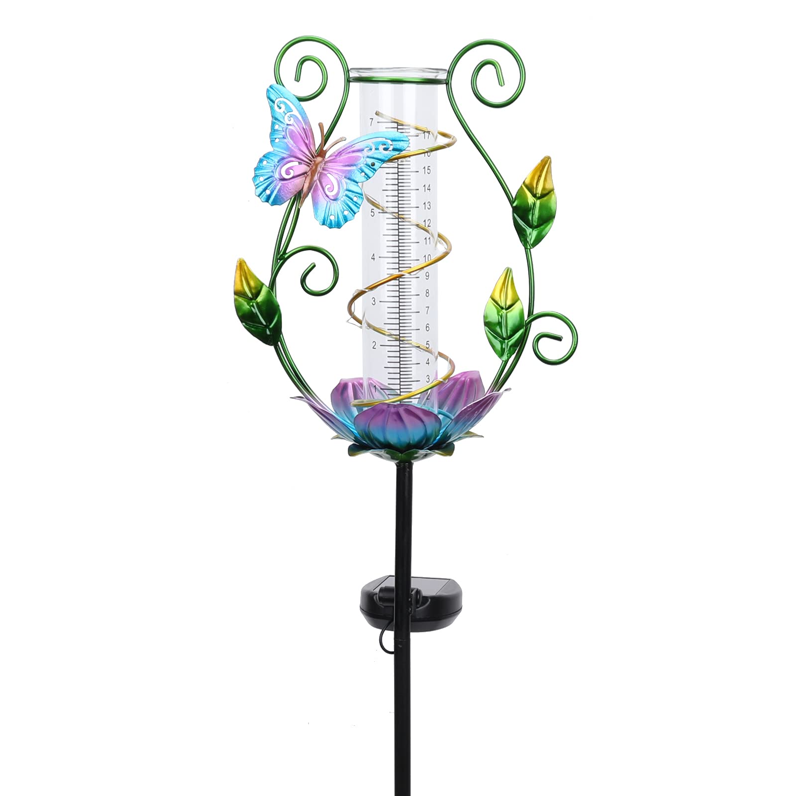 **Solar Powered Outdoor Rain Gauge with LED Lights - Metal Butterfly Garden Stake for Yard, Lawn & Patio Decor - Perfect for Weather Monitoring & Garden Accent**