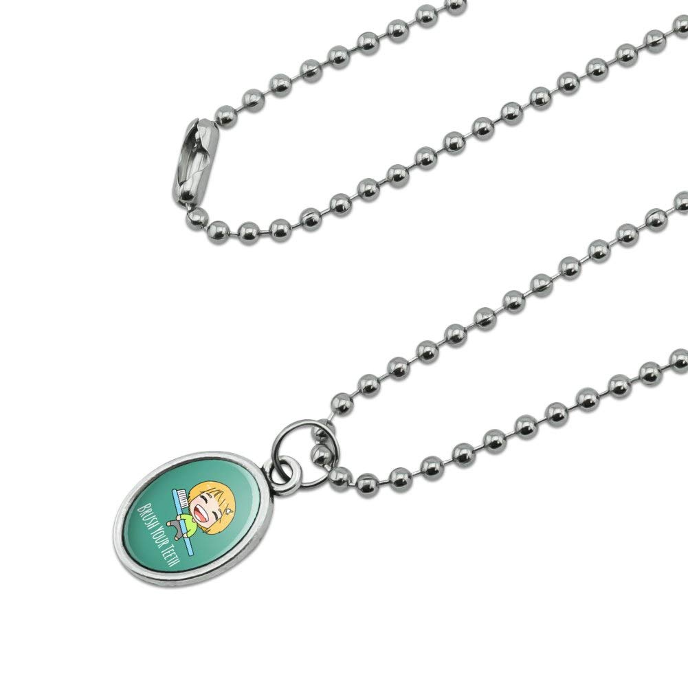 Kawaii Chibi Toothbrush Charm Pendant Necklace - Cute Vintage Oval Jewelry with Chain for Tooth Fairy Gifts & Dental Hygiene Awareness