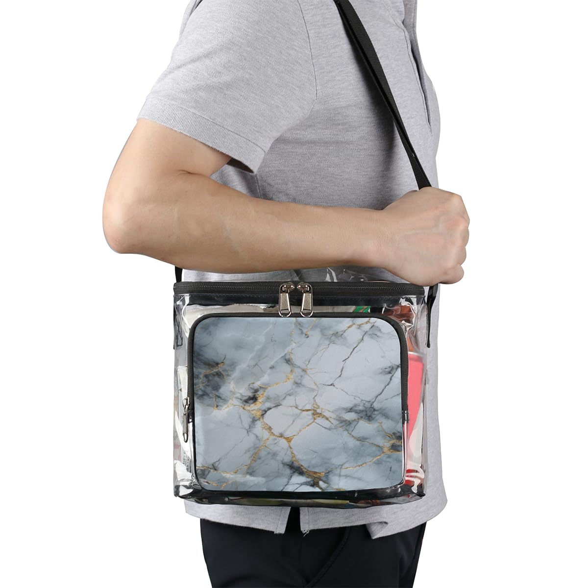 GzLeyigou Clear Tote Bag with Gold Marble Design - Transparent Crossbody Shoulder Bag for Women, Fashionable Handbag for Outdoor, Travel, Picnic, Concerts & Sports Events | Stadium Approved Lunch Bag | Waterproof & Durable