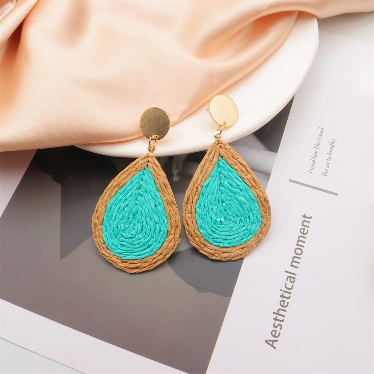 Boho Raffia Earrings for Women - Handmade Colorful Teardrop Dangle Earrings, Fashion Statement Jewelry Gift | Perfect for Summer Festivals, Beach Vacations & Boho Chic Outfits