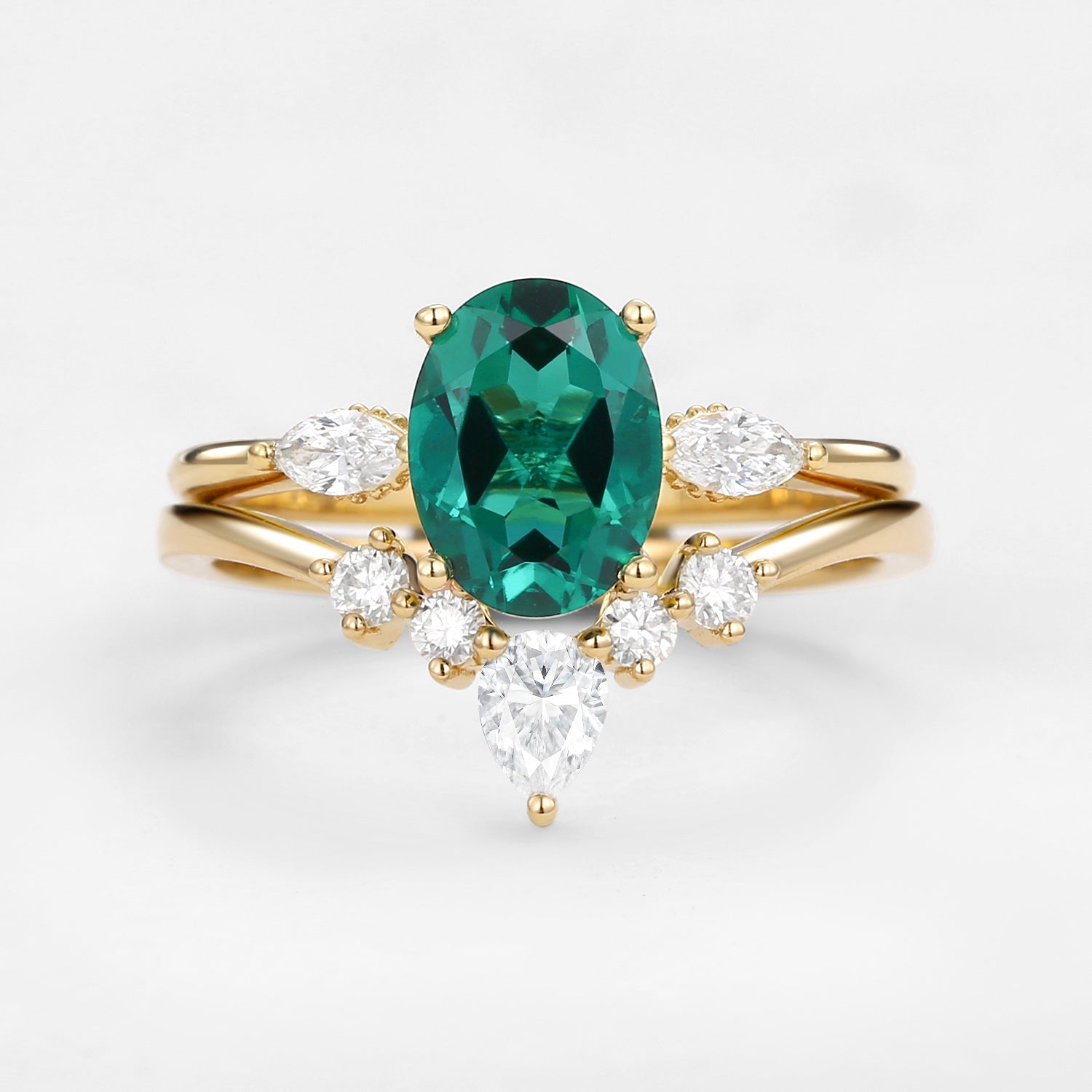 Lab-Created Emerald Oval Cut Hidden Halo Engagement Ring Set (2-Piece) - Perfect for Proposals, Weddings & Anniversary Gifts