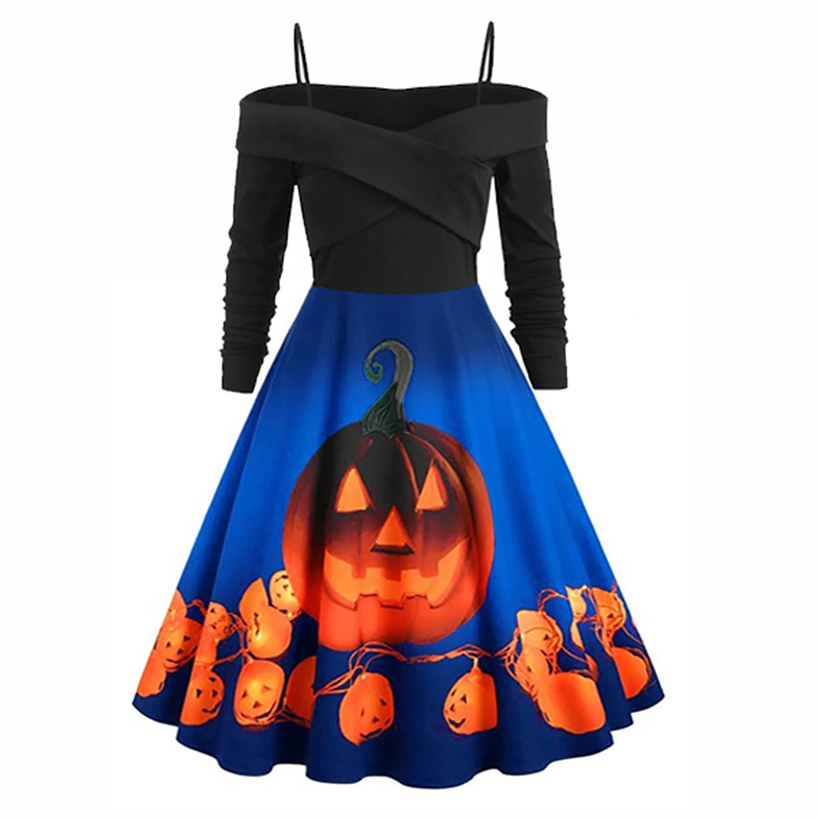 Halloween Cocktail Dress for Women - Vintage Pumpkin Print 3/4 Sleeve Swing Dress - Elegant Sexy Midi Dress for Parties, Costume Events & Evening Occasions