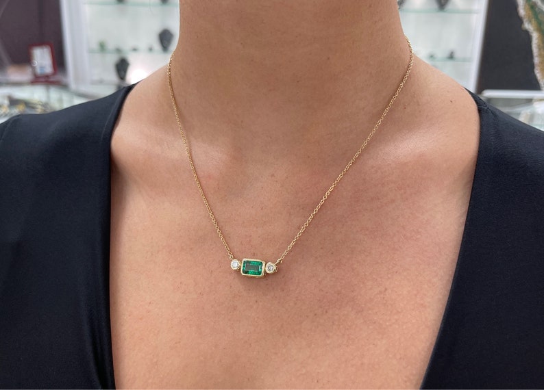 2.77tcw 14K Gold East West Emerald & Diamond Bezel Necklace - Elegant Three Stone Jewelry for Women, Perfect for Anniversary Gifts, Date Nights & Special Occasions