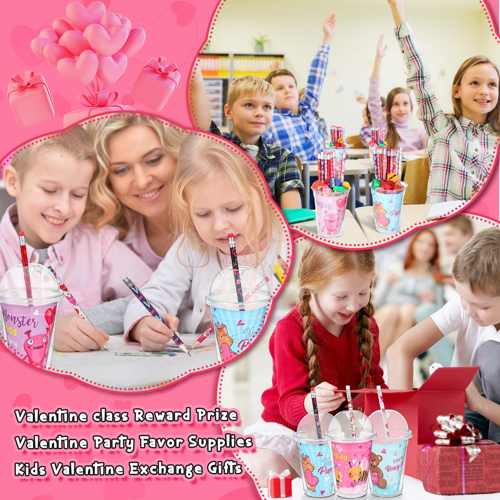 Pasimy 32-Piece Valentine's Day Stationery Gift Set - Classroom Exchange Gifts for Kids (Includes Cups, Cards, Pencils, Stickers, Erasers & Sharpeners) - Perfect for School Prizes, Party Favors & Valentine's Day Celebrations