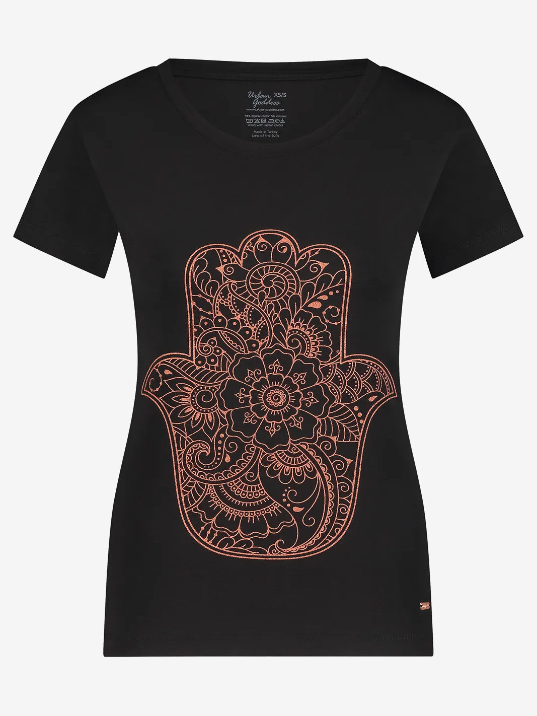 Urban Goddess Hamsa Core Yoga Tee - Onyx Black - Comfortable Women's Yoga Shirt for Yoga, Meditation & Workout