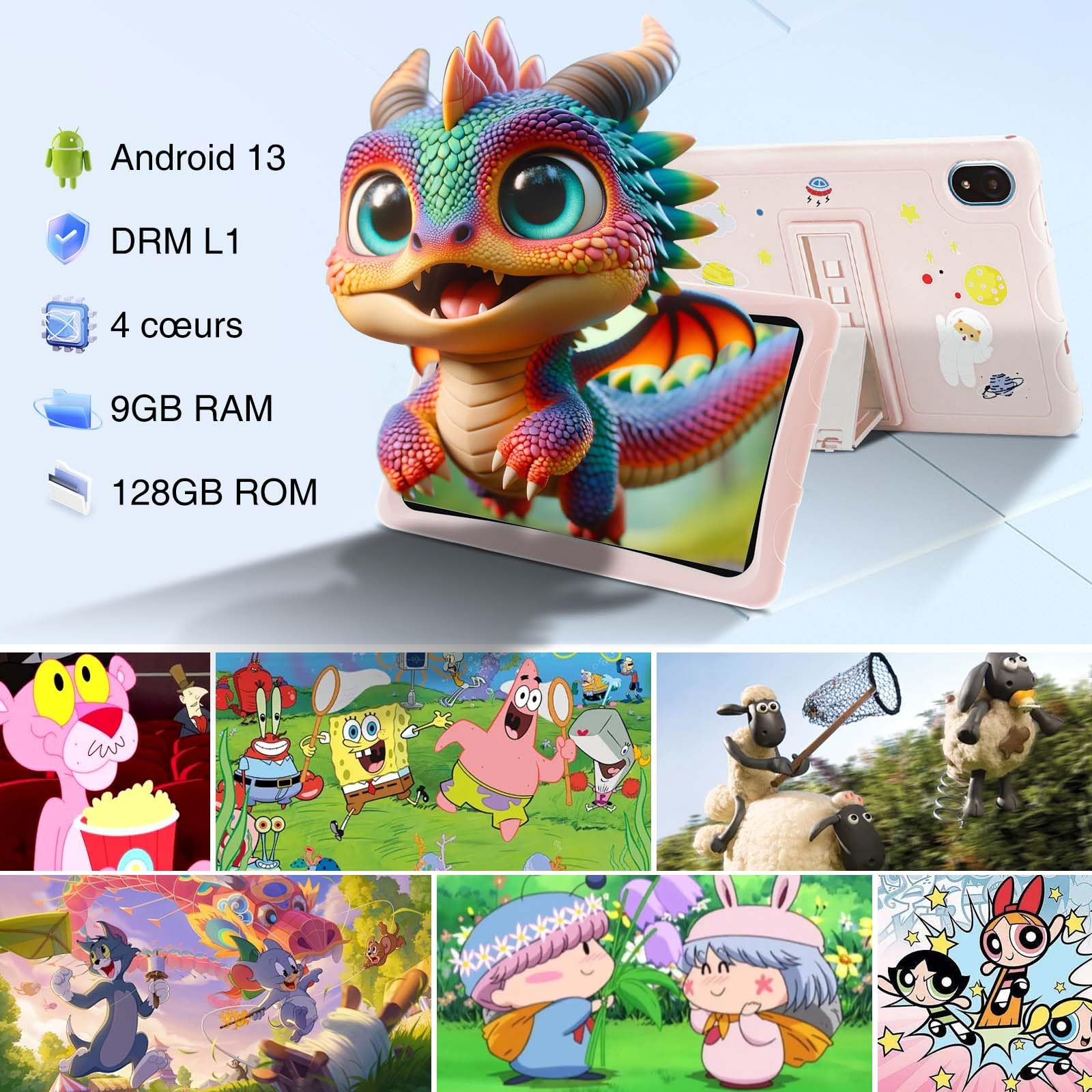 DOOGEE U10 Kids Tablet 10.1 Inch HD IPS Screen, Android 14 OS, Quad-Core Processor, 9GB RAM + 128GB Storage (Expandable to 1TB), WiFi 6, Widevine L1 Certified, Food-Grade Silicone Case - Perfect for Learning, Entertainment & Travel for Children Ages 3-12