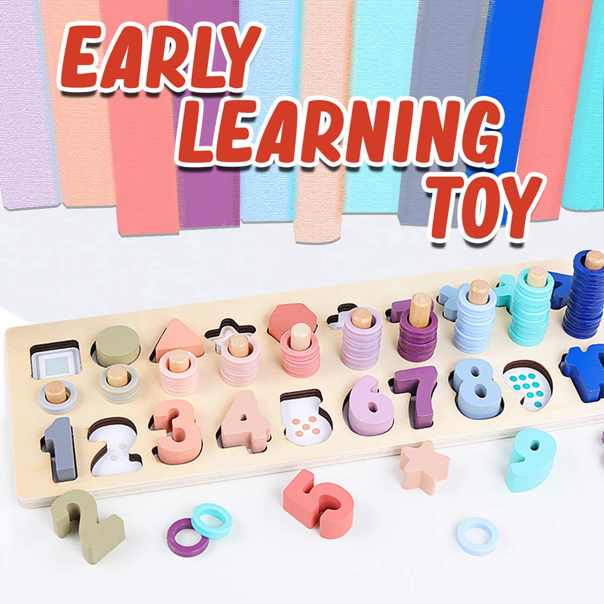 Montessori Wooden Shape & Number Puzzle Blocks - Educational Preschool Learning Toys for Boys & Girls | CozyBomB Macaron Color | Perfect for Homeschooling, Daycare & Early Childhood Development