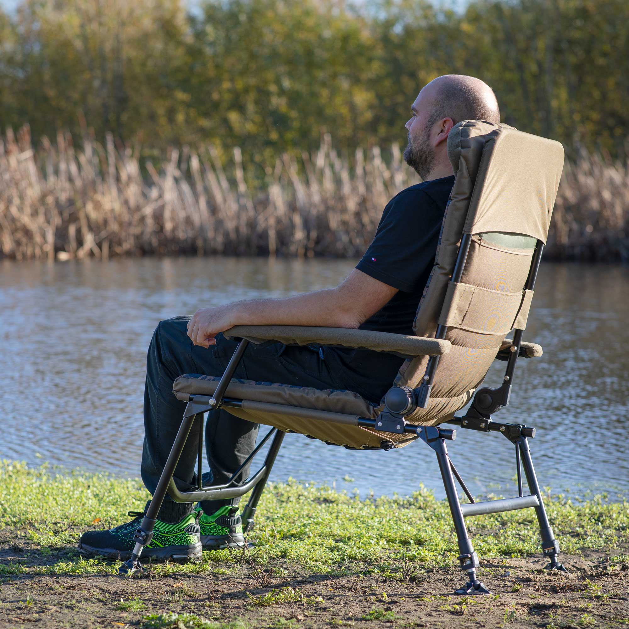 Premium Portable Fishing Chair with Reclining Backrest, Padded Armrests & Adjustable Rotating Feet - DL73 - Perfect for Camping, Beach, Backyard & Outdoor Relaxation
