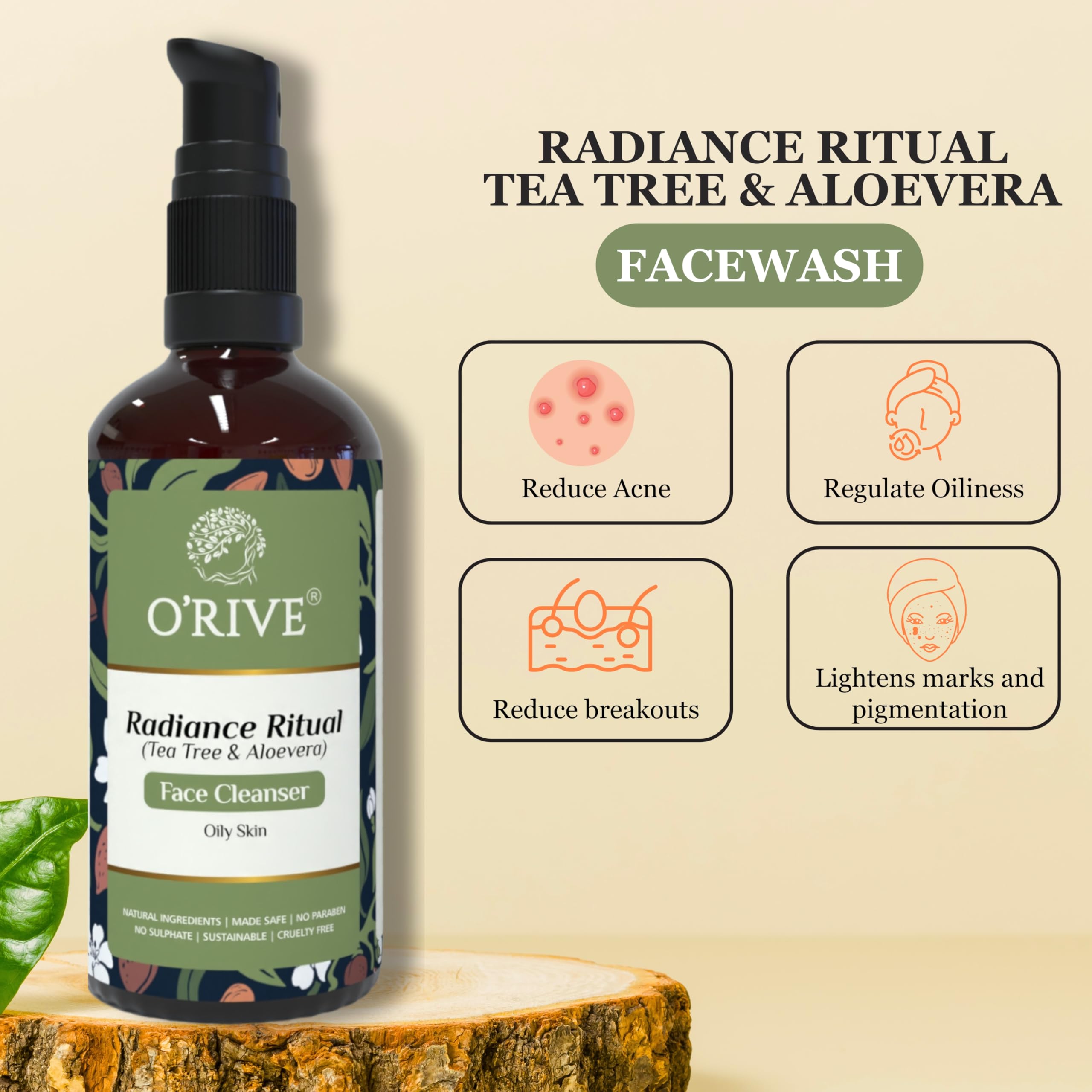 Orive Radiance Ritual Face Wash 50ml - Tea Tree & Aloe Vera Anti Acne Cleanser for Oily Sensitive Skin | Brightening, Oil Control, Blemish Removal | Gentle Daily Facial Cleanser for Clear Skin | Perfect for Morning & Night Skincare Routine