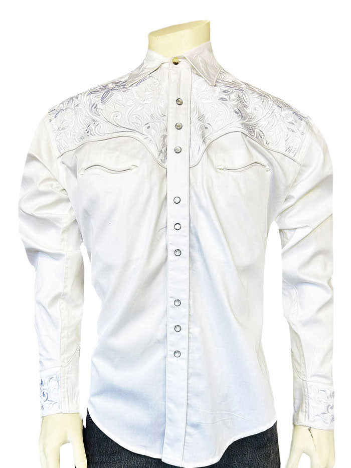Rockmount 6859 WHT Men's Vintage Tooling Embroidered Western Shirt White - Classic Cowboy Style for Rodeo, Country Music & Western Fashion
