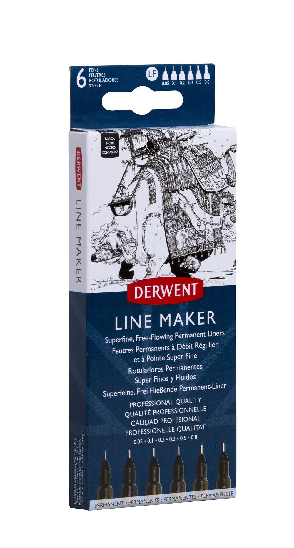 Derwent Professional Artist Pens - 6-Piece Permanent Black Line Maker Set for Drawing, Coloring & Writing | Ideal for Sketching, Illustration, Calligraphy & Art Projects