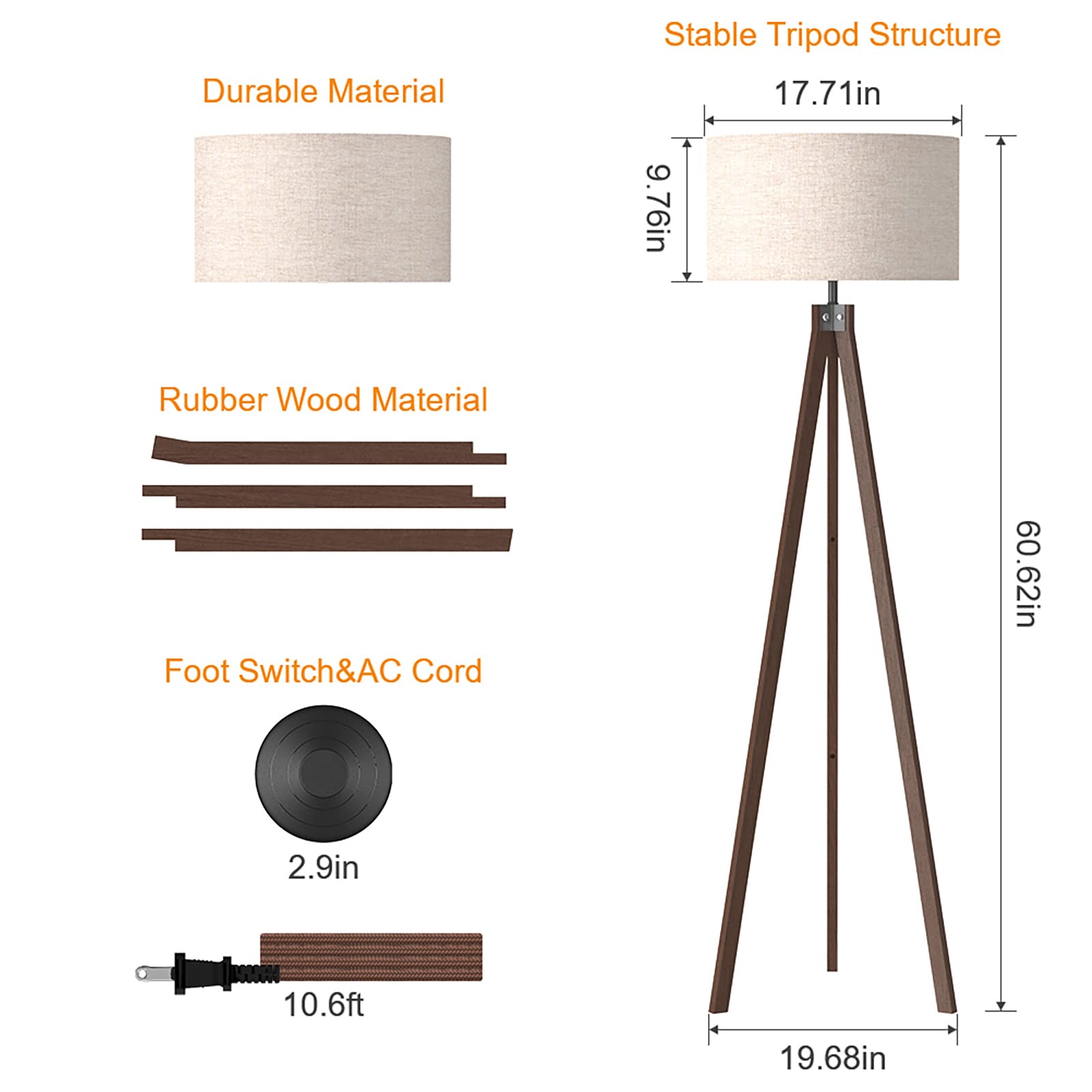 LEPOWER Dark Brown Mid Century Wood Tripod Floor Lamp - Vintage Standing Lamp for Living Room, Bedroom & Office - Set of 2